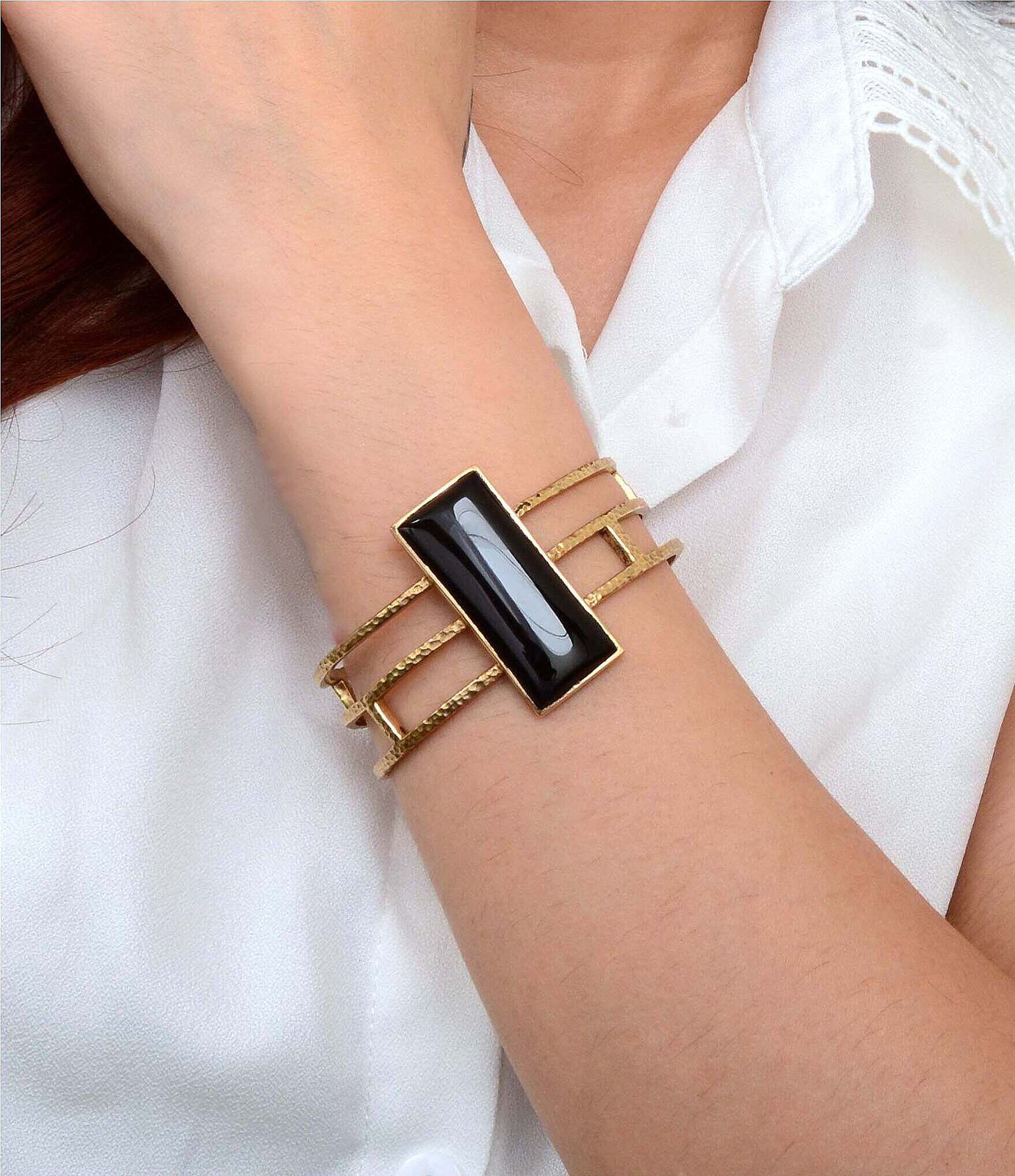 Barse Bronze and Onyx Wavy Cuff Bracelet