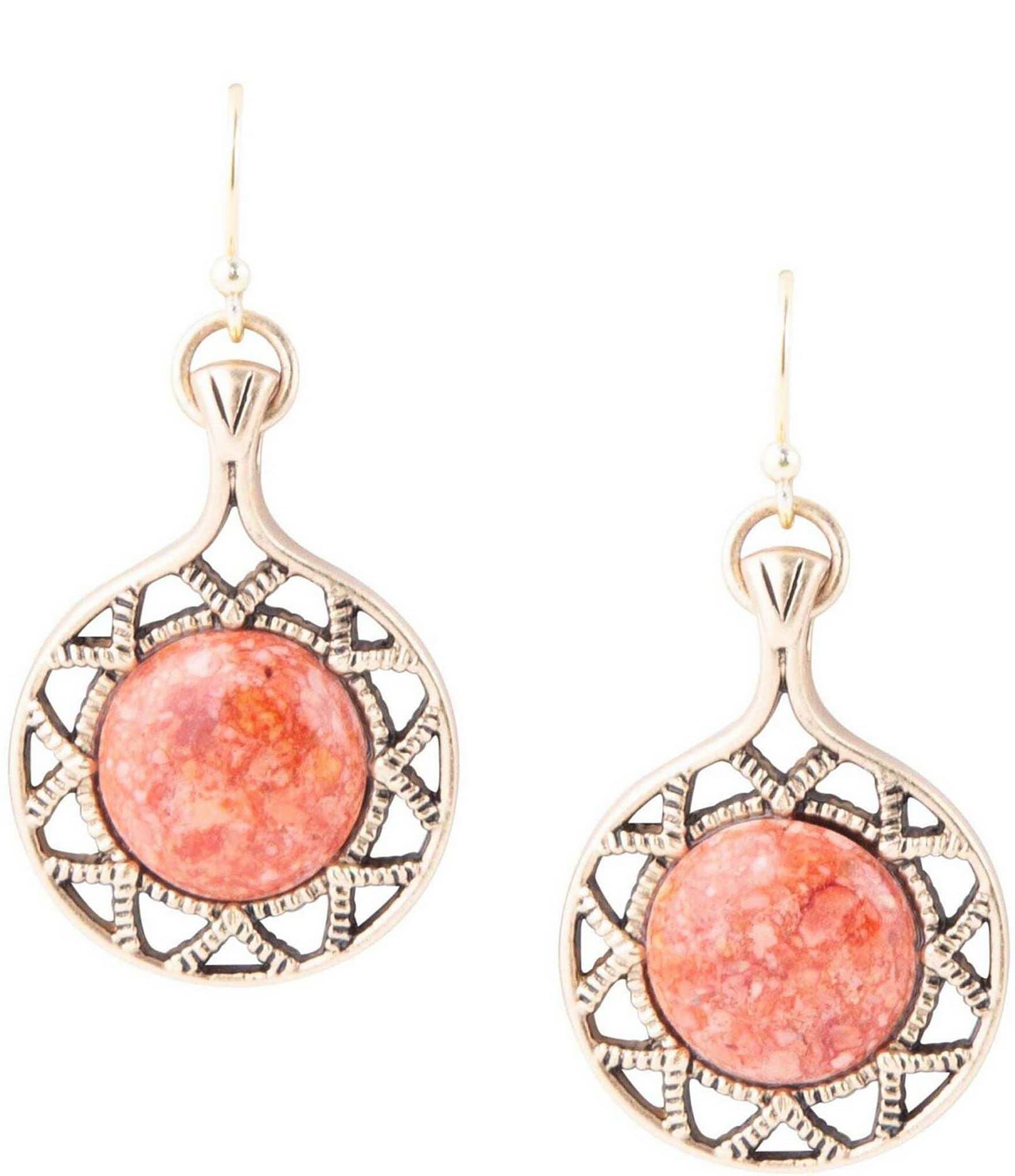 Barse Bronze and Orange Sponge Genuine Stone Coral Drop Earrings