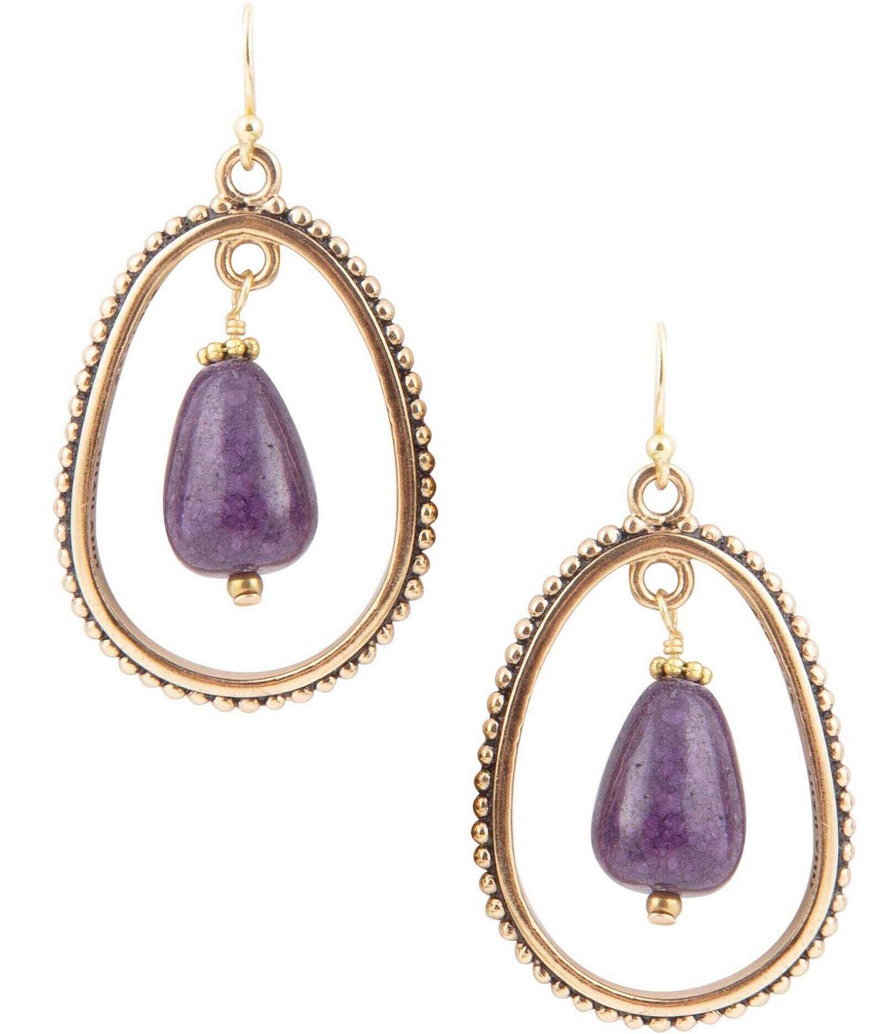 Barse Bronze and Purple Genuine Jade Teardrop Drop Earrings