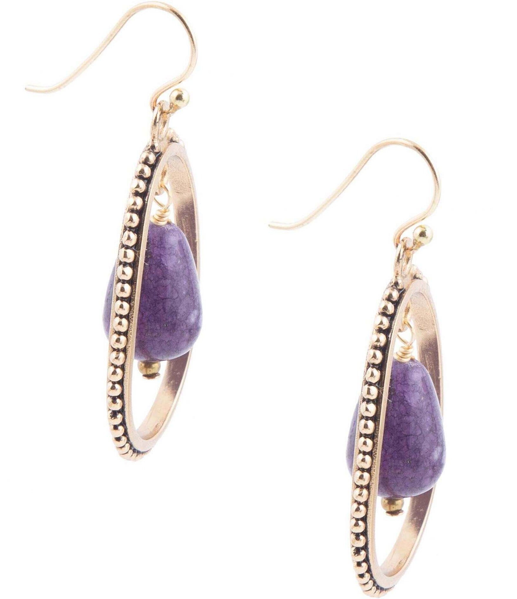 Barse Bronze and Purple Genuine Jade Teardrop Drop Earrings