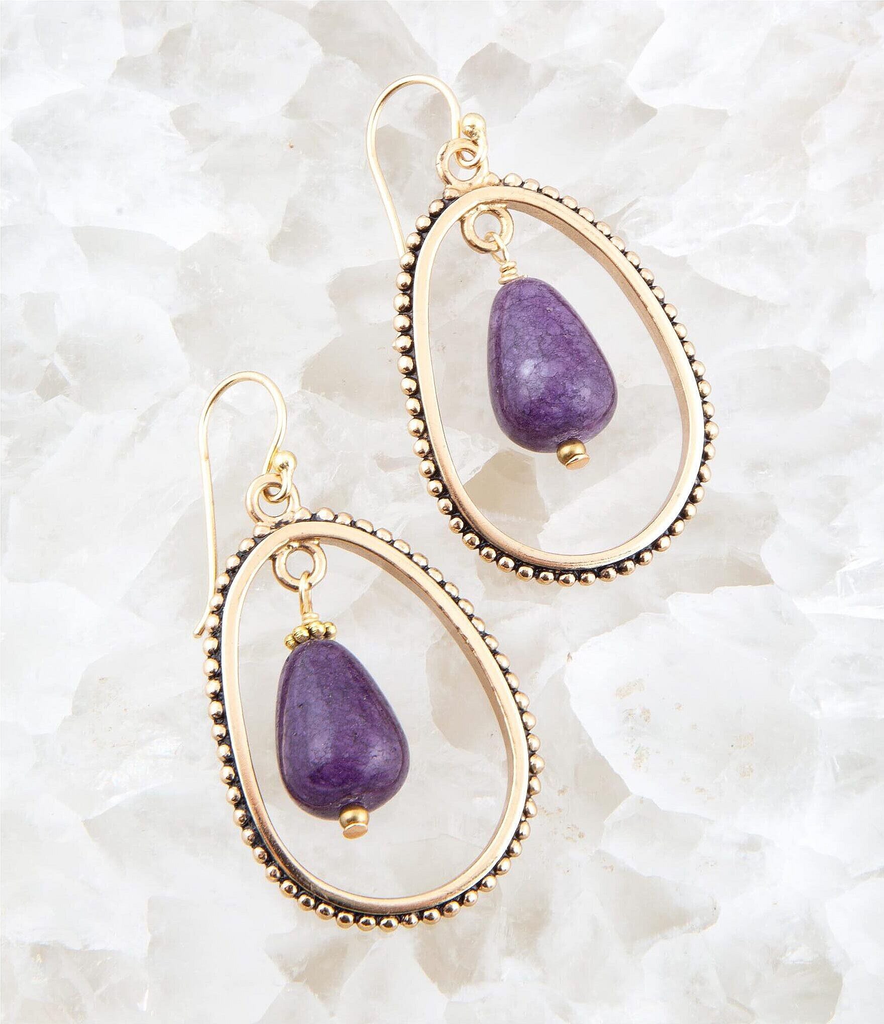 Barse Bronze and Purple Genuine Jade Teardrop Drop Earrings