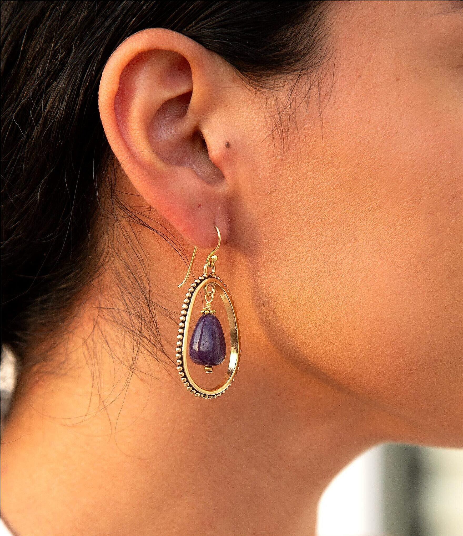 Barse Bronze and Purple Genuine Jade Teardrop Drop Earrings