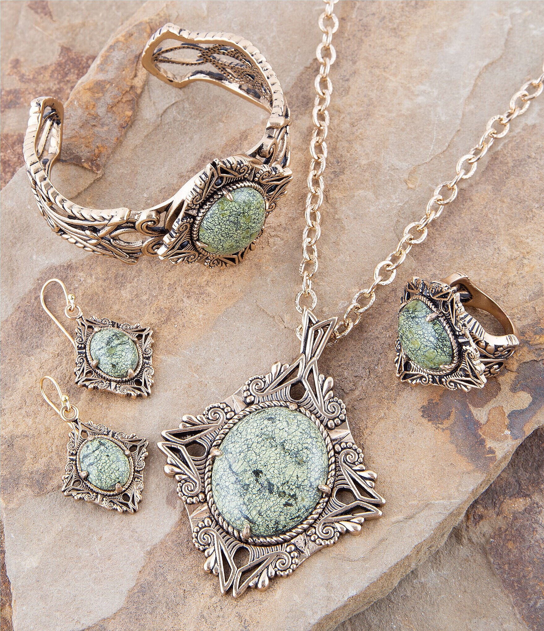 Barse Aspen Green Serpentine Golden Statement Ring