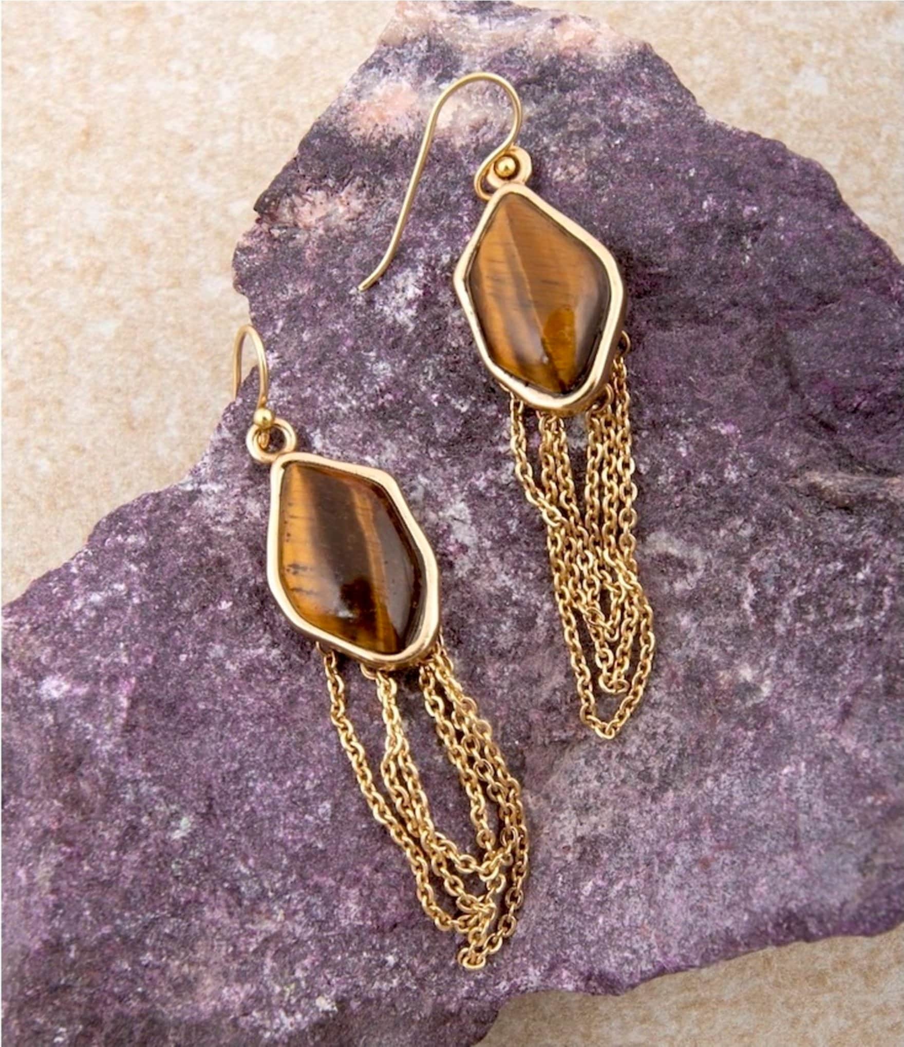 Barse Abstract Brown Tiger's Eye Golden Statement Earrings
