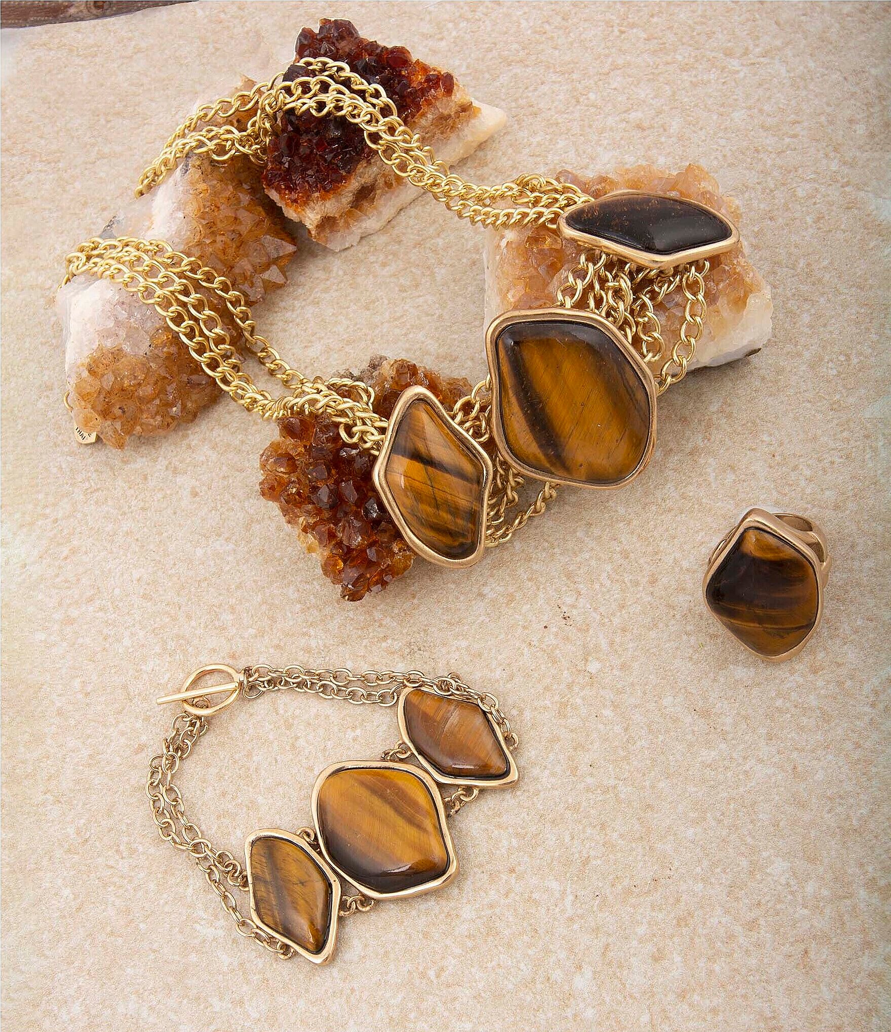 Barse Abstract Brown Tiger's Eye Golden Statement Earrings