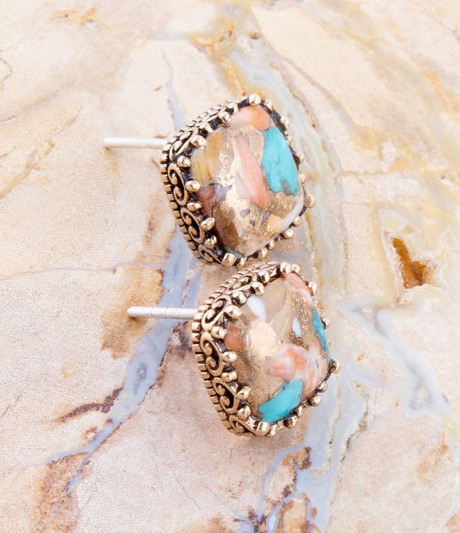 Barse Bronze and Genuine Turquoise Spiny Oyster Matrix Stone Stud Earrings