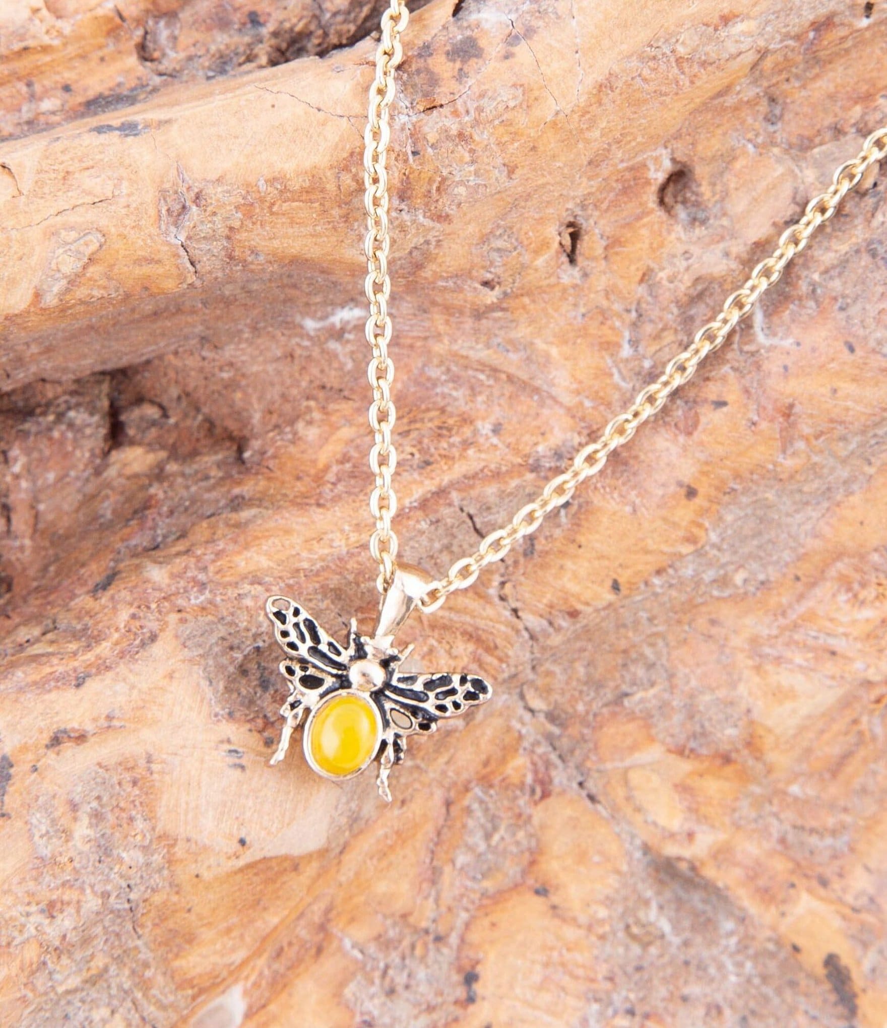 Barse Bronze and Genuine Yellow Agate Stone Bee Short Pendant Necklace