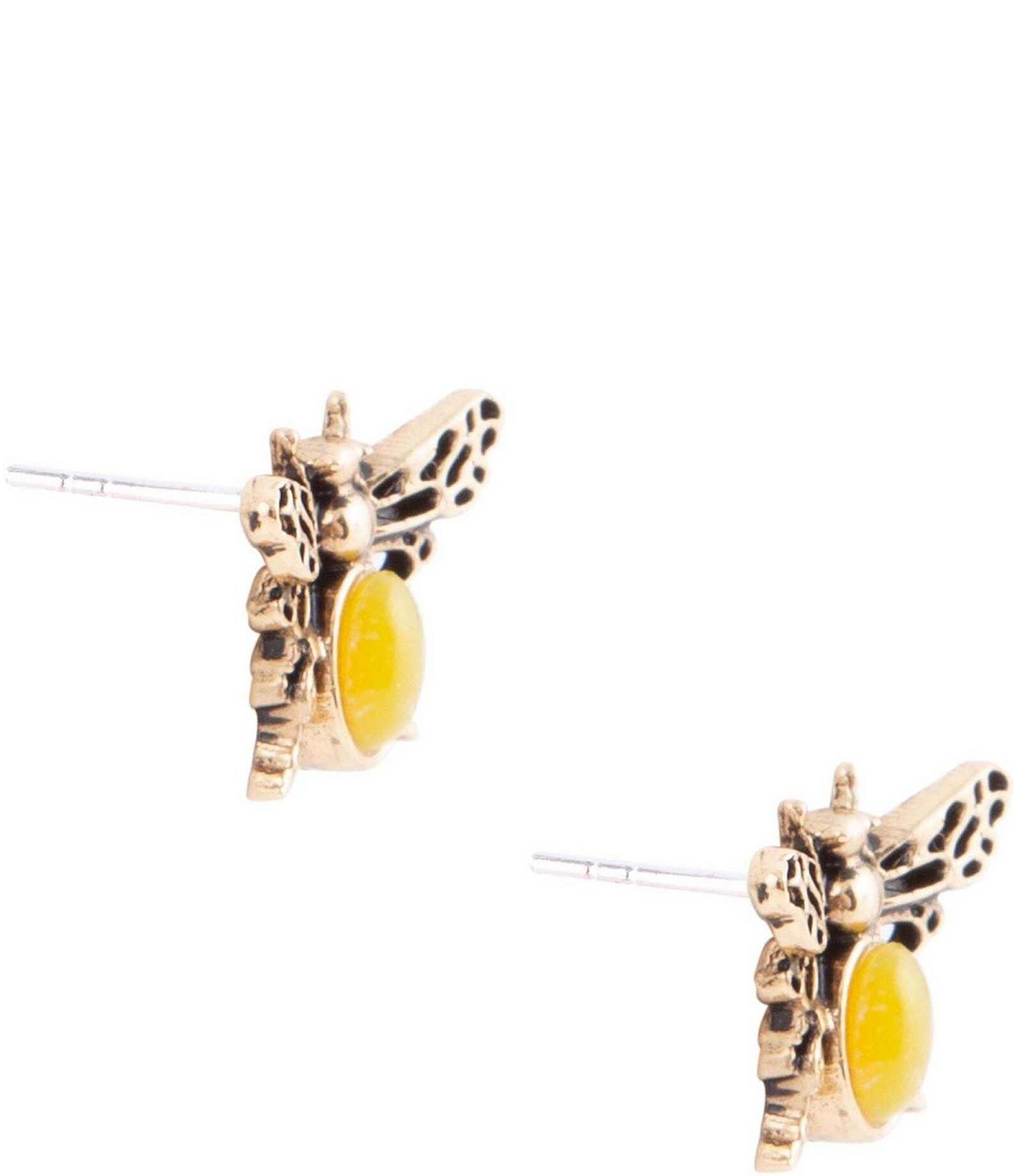 Barse Bronze and Genuine Yellow Agate Stone Bee Stud Earrings