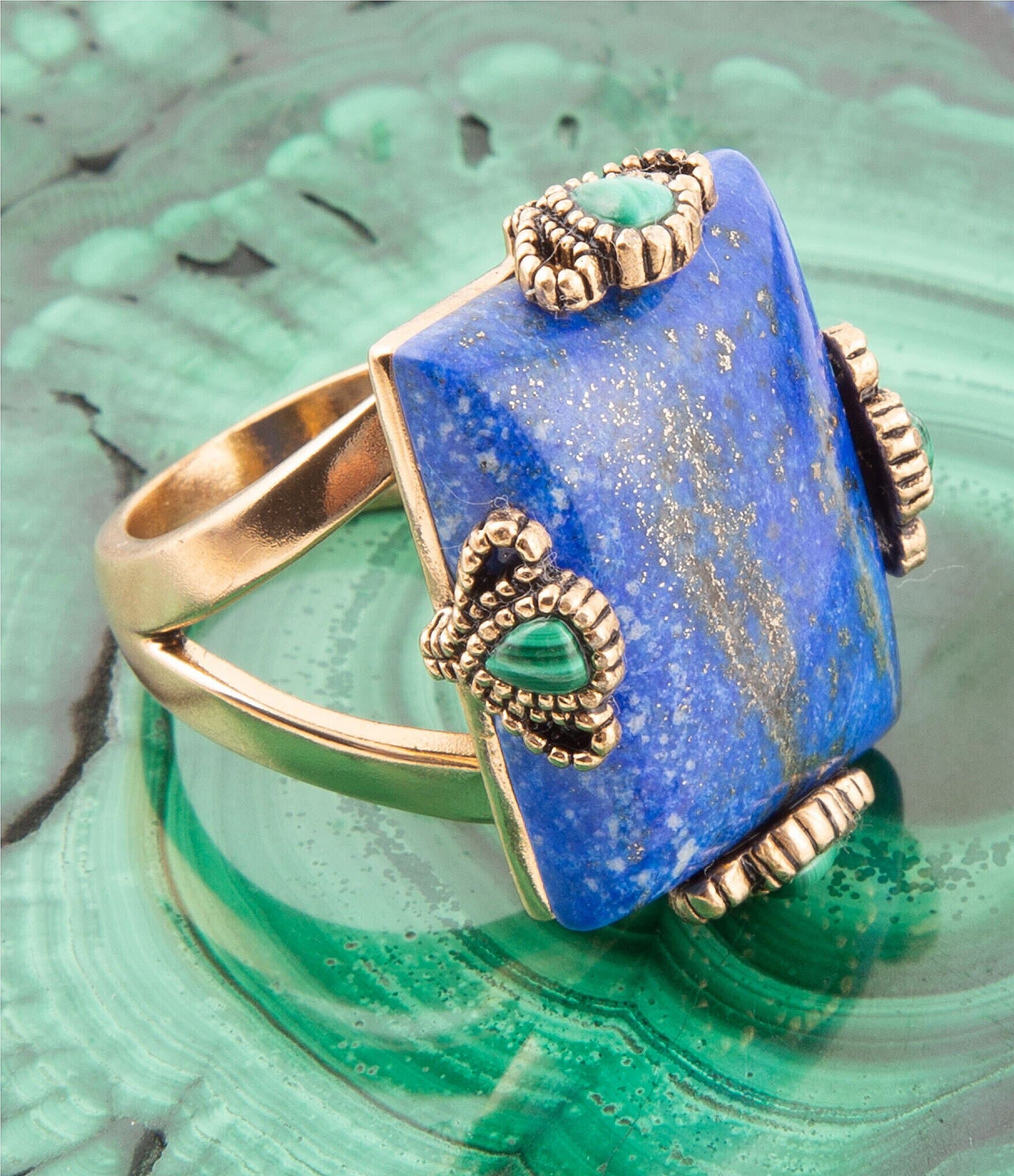 Barse Bronze Detailed Genuine Lapis & Malachite Statement Ring