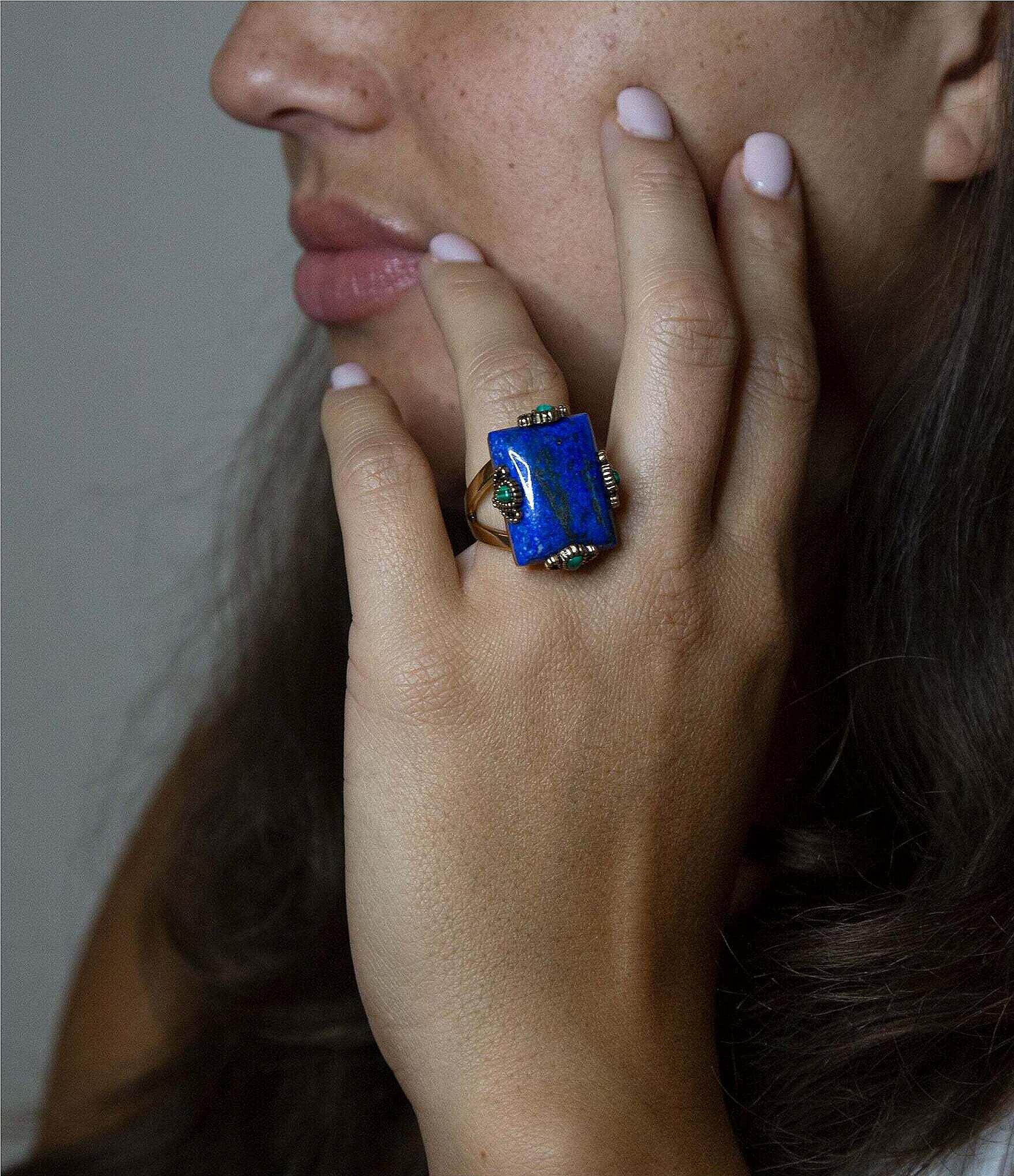 Barse Bronze Detailed Genuine Lapis & Malachite Statement Ring