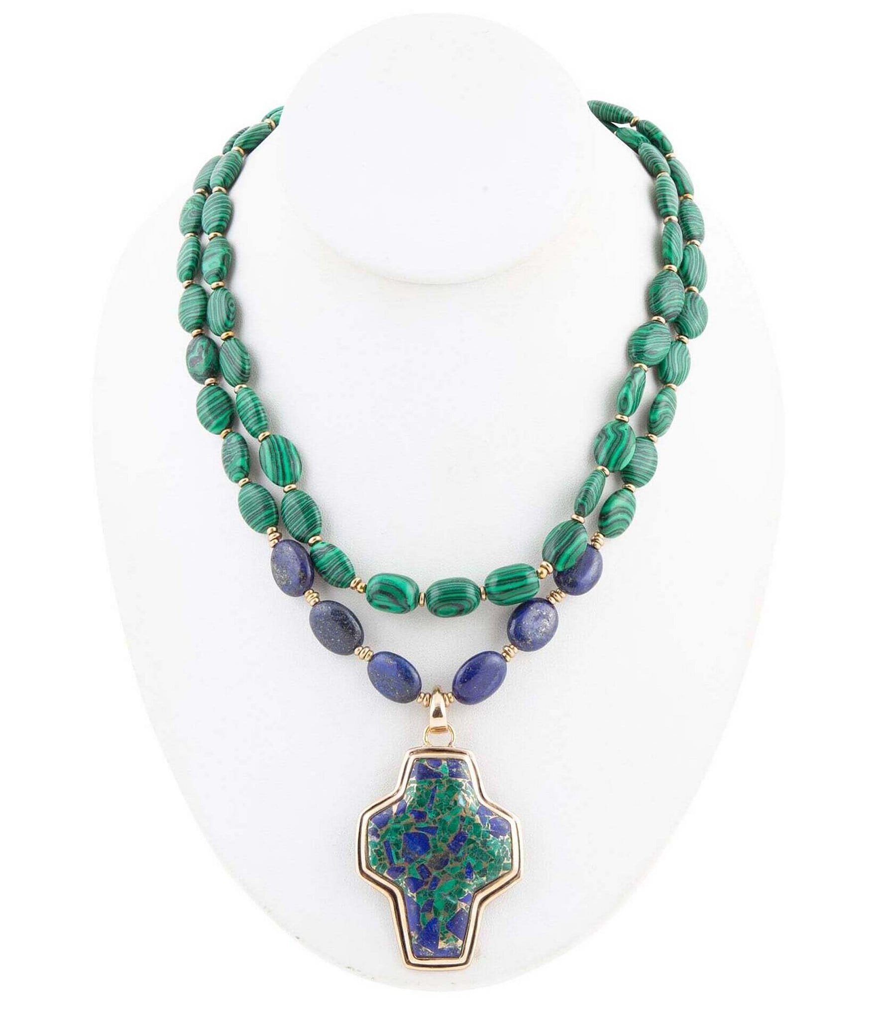 Barse Bronze, Genuine Azurite, Lapis and Synthetic Malachite Cross Pendant Statement Necklace