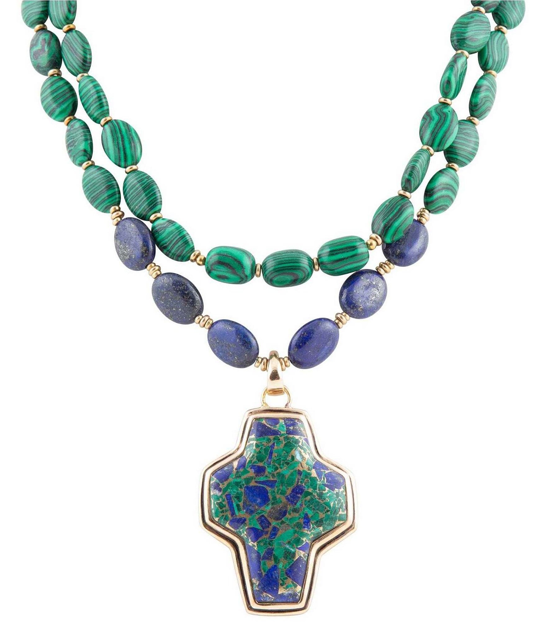 Barse Bronze, Genuine Azurite, Lapis and Synthetic Malachite Cross Pendant Statement Necklace