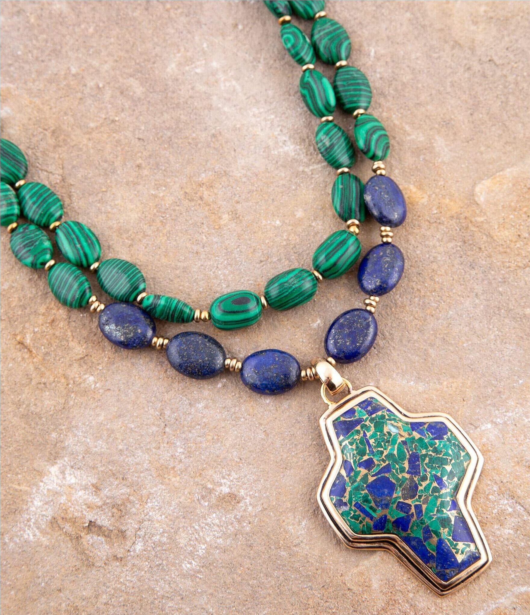 Barse Bronze, Genuine Azurite, Lapis and Synthetic Malachite Cross Pendant Statement Necklace