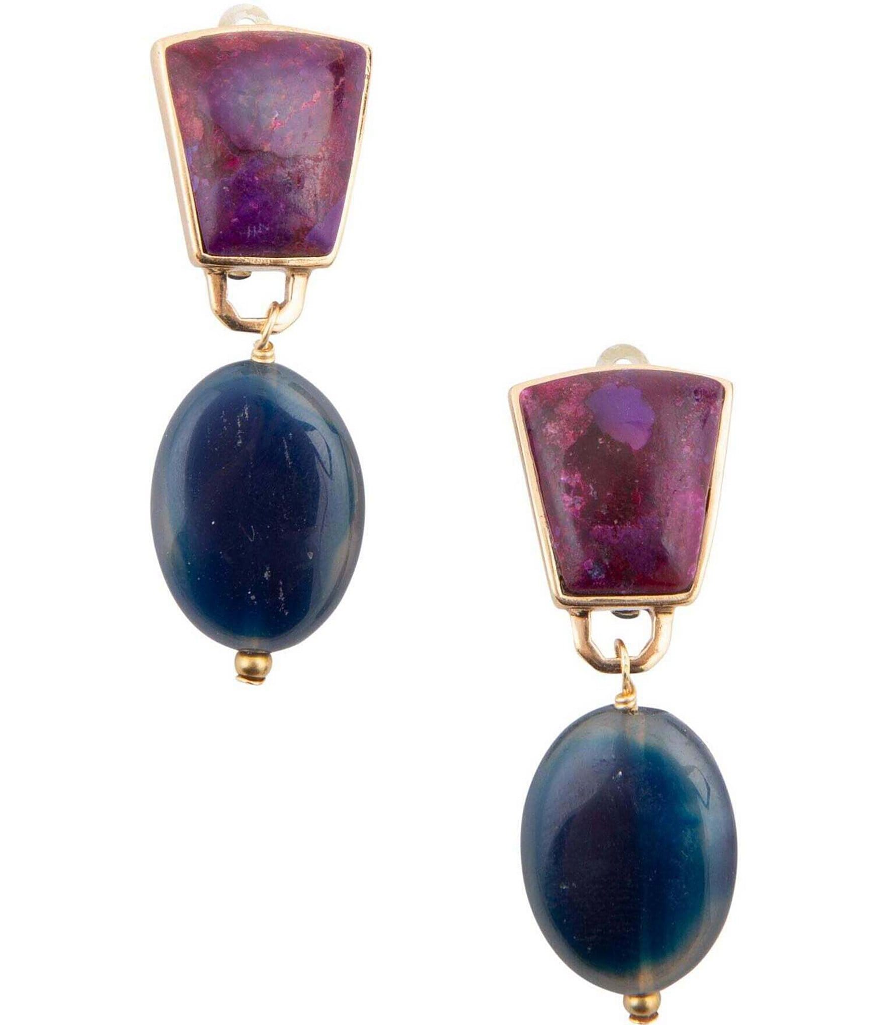 Barse Bronze, Genuine Purple Turquoise and Blue Agate Clip Earrings