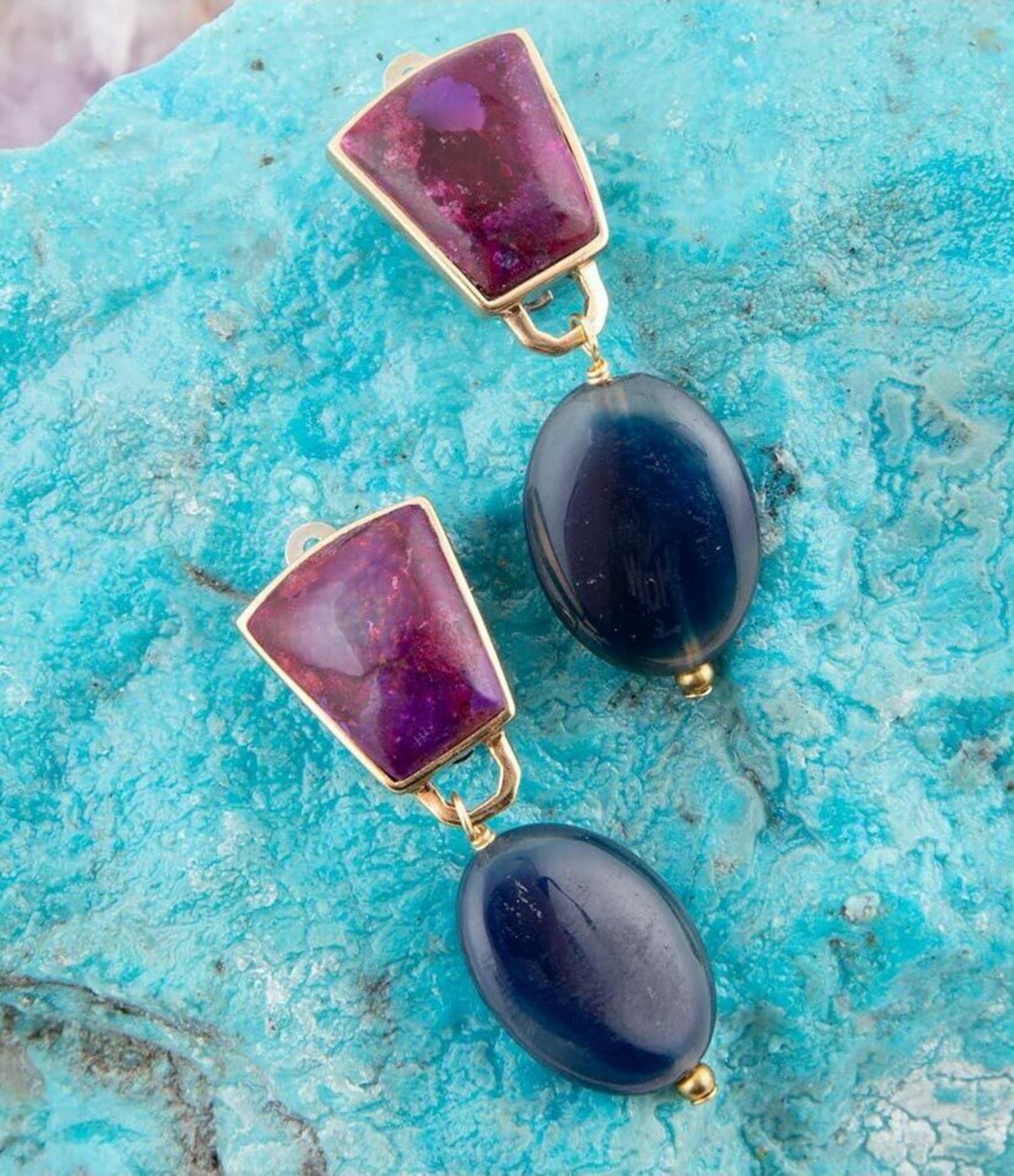 Barse Bronze, Genuine Purple Turquoise and Blue Agate Clip Earrings