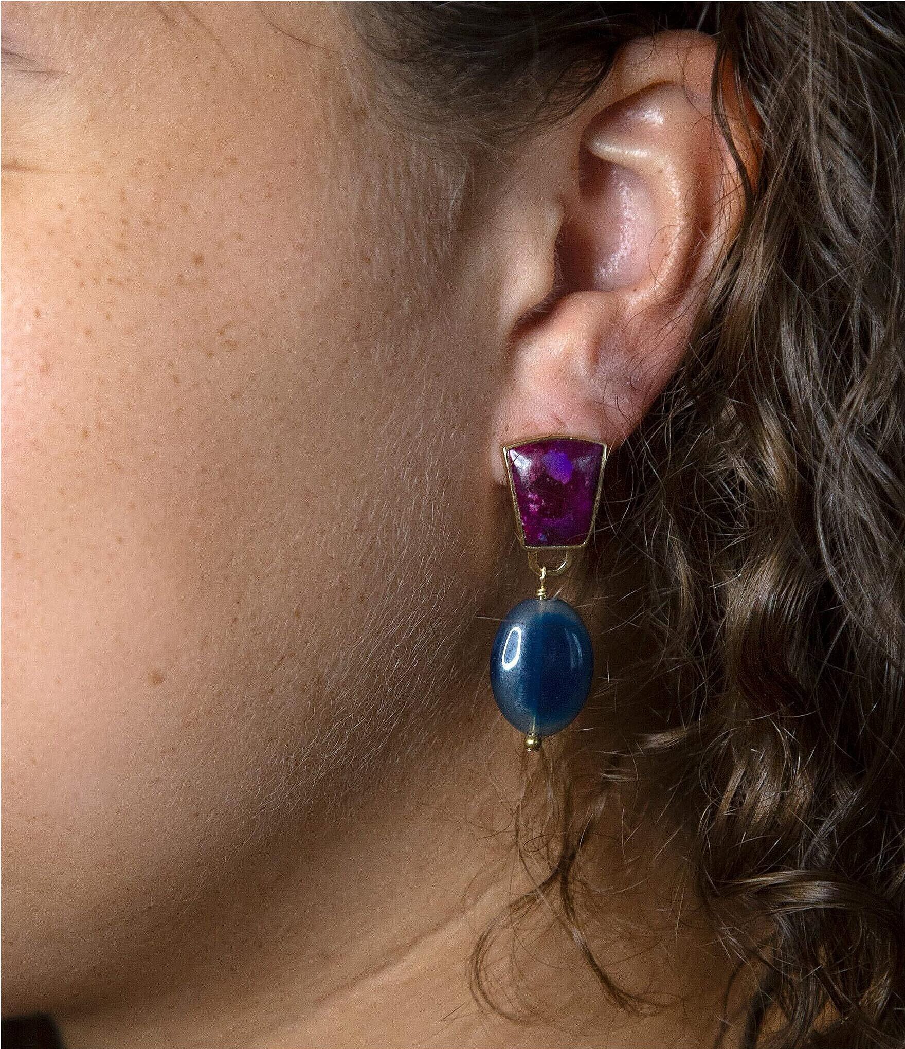 Barse Bronze, Genuine Purple Turquoise and Blue Agate Clip Earrings