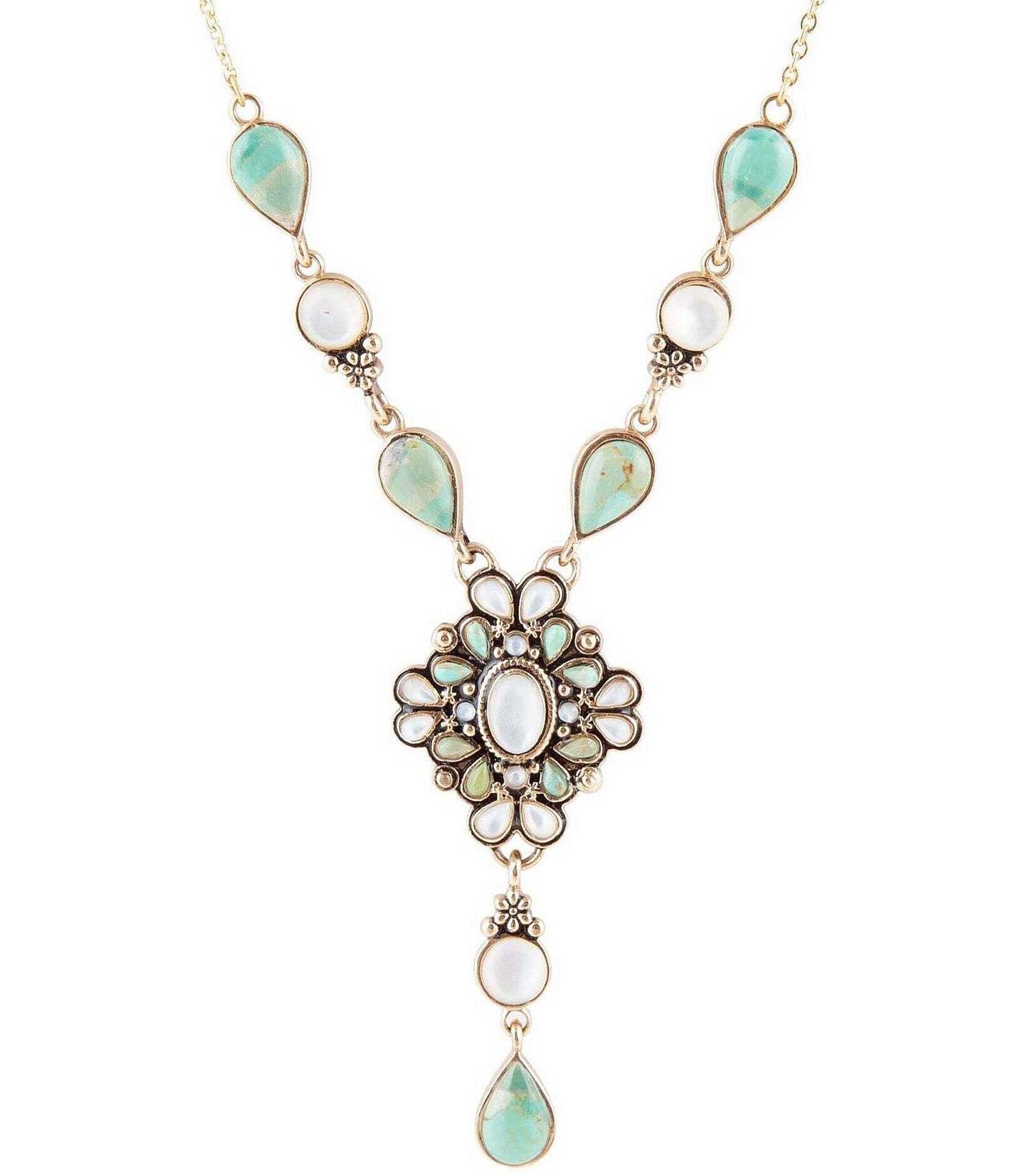 Barse Bronze Genuine Stone Turquoise and Mother-of-Pearl Y Necklace