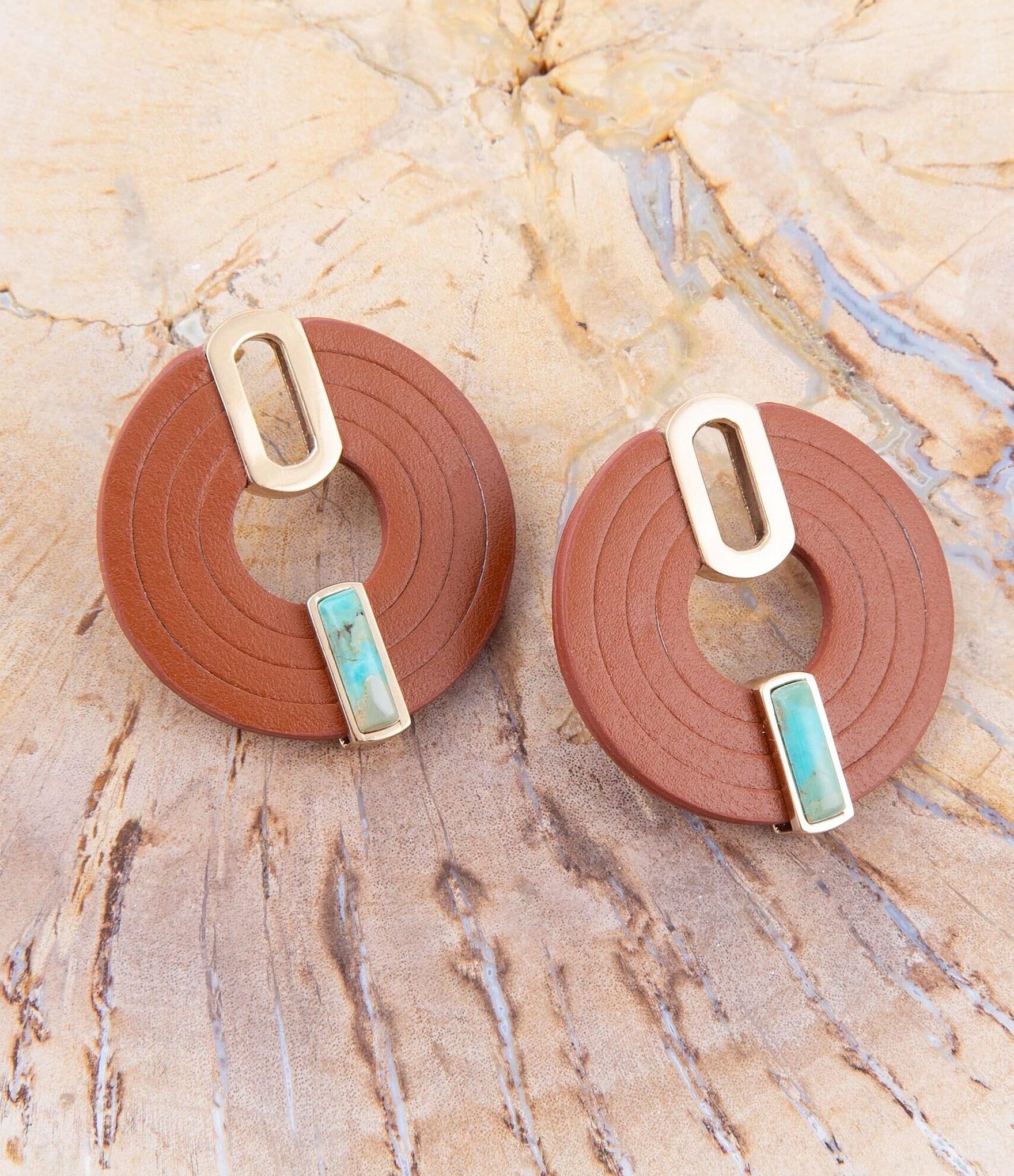 Barse Bronze Genuine Turquoise and Leather Orbital Earrings