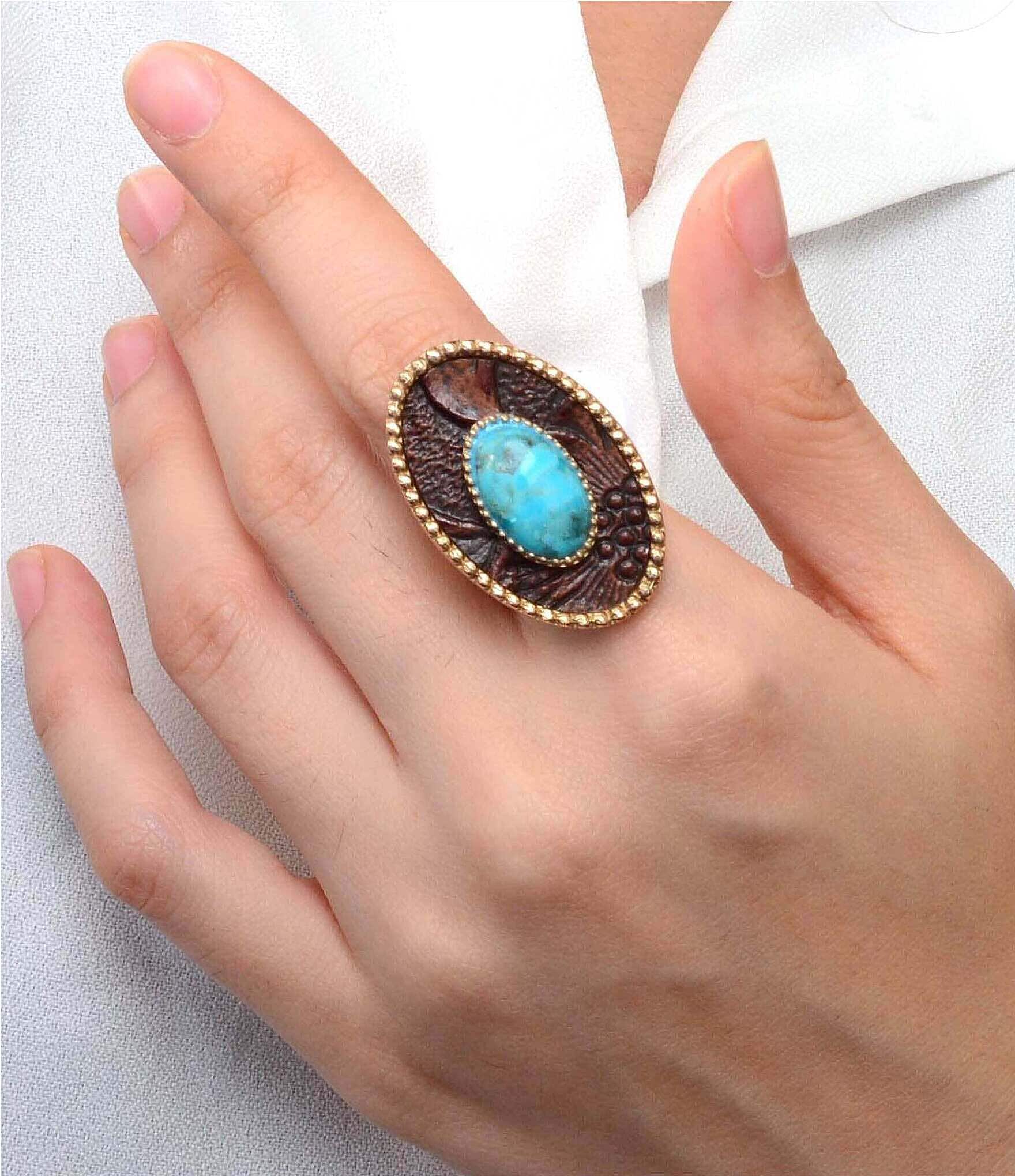 Barse Bronze, Genuine Turquoise and Leather Rosette Ranch Statement Ring