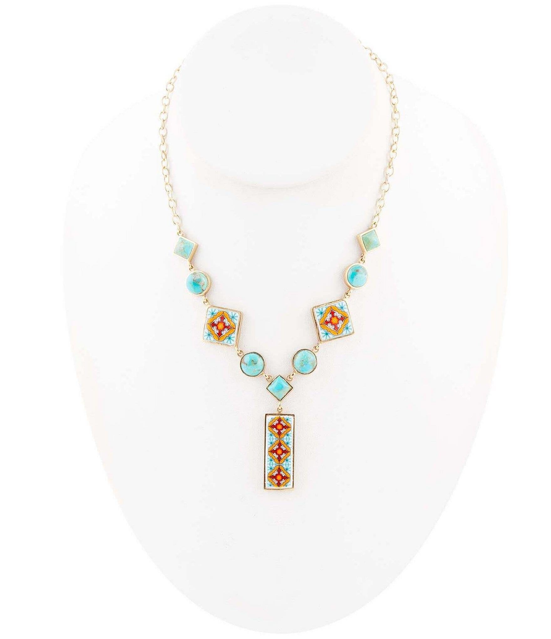 Barse Bronze Genuine Turquoise and Printed Tile Y Necklace