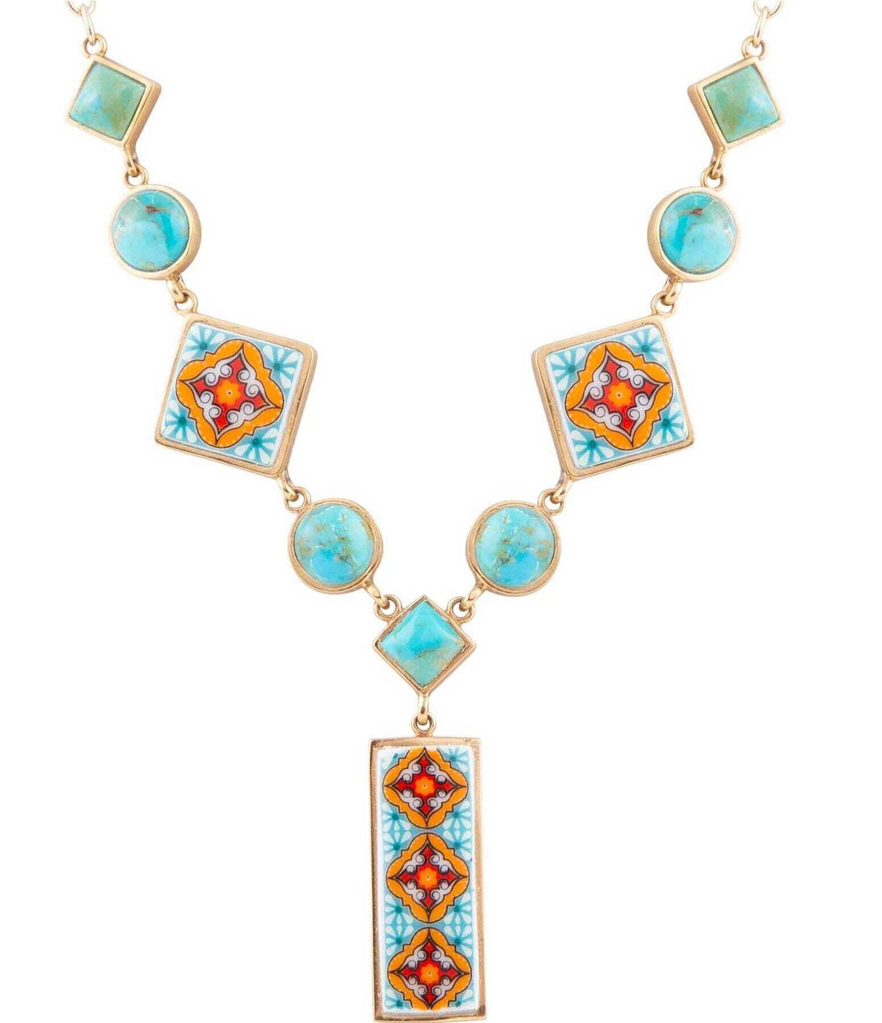 Barse Bronze Genuine Turquoise and Printed Tile Y Necklace