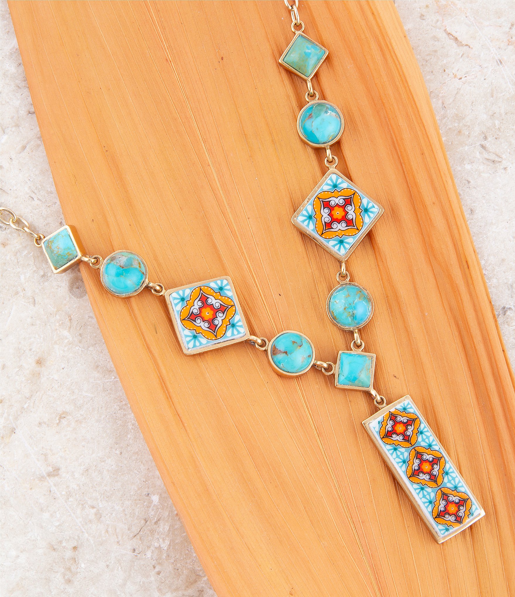 Barse Bronze Genuine Turquoise and Printed Tile Y Necklace