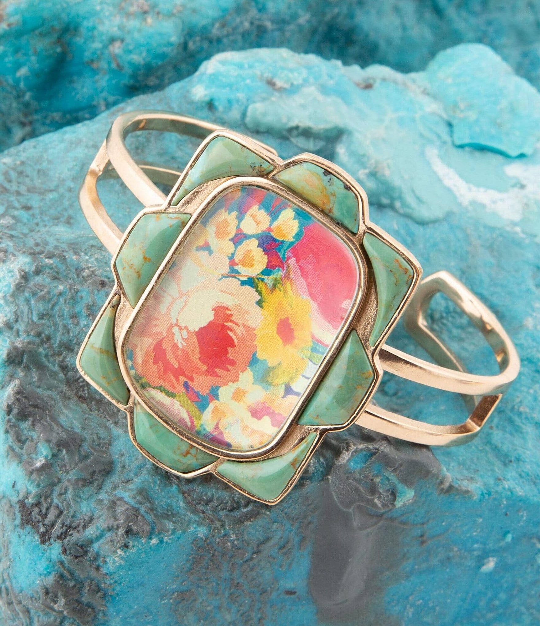 Barse Bronze Genuine Turquoise and Quartz Floral Cuff Bracelet