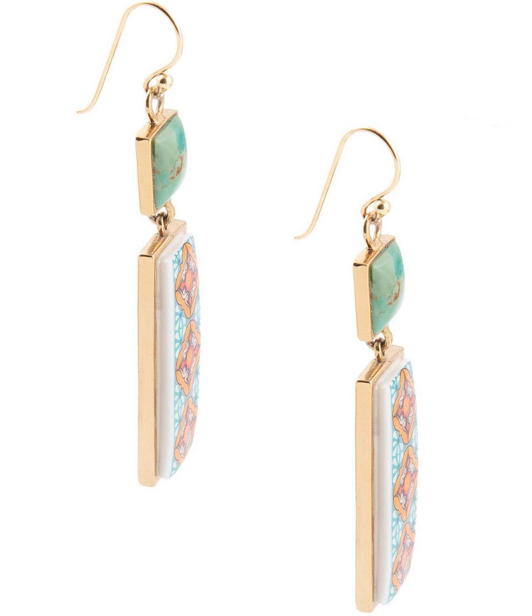 Barse Bronze Genuine Turquoise Stone and Printed Tile Drop Earrings