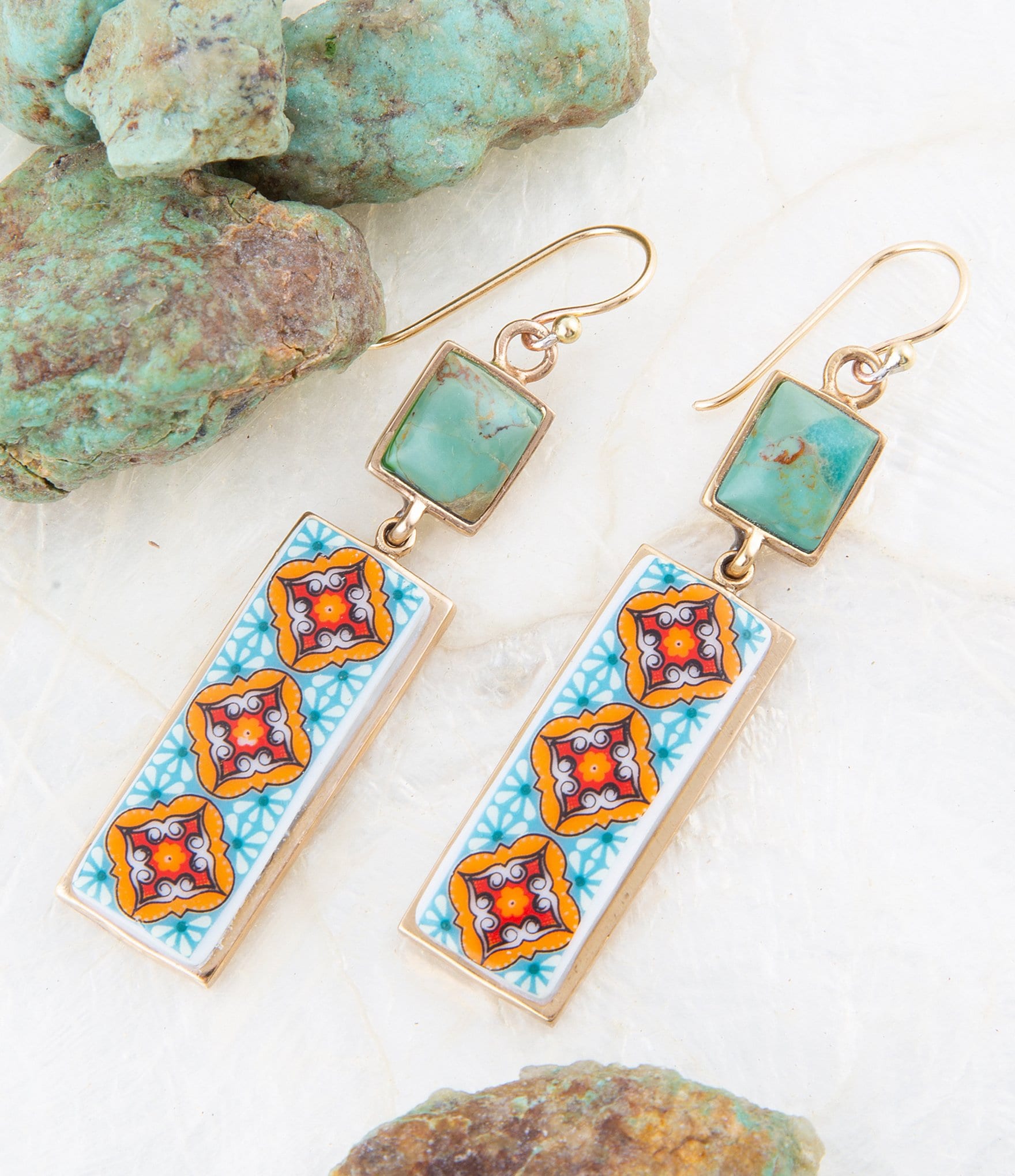 Barse Bronze Genuine Turquoise Stone and Printed Tile Drop Earrings