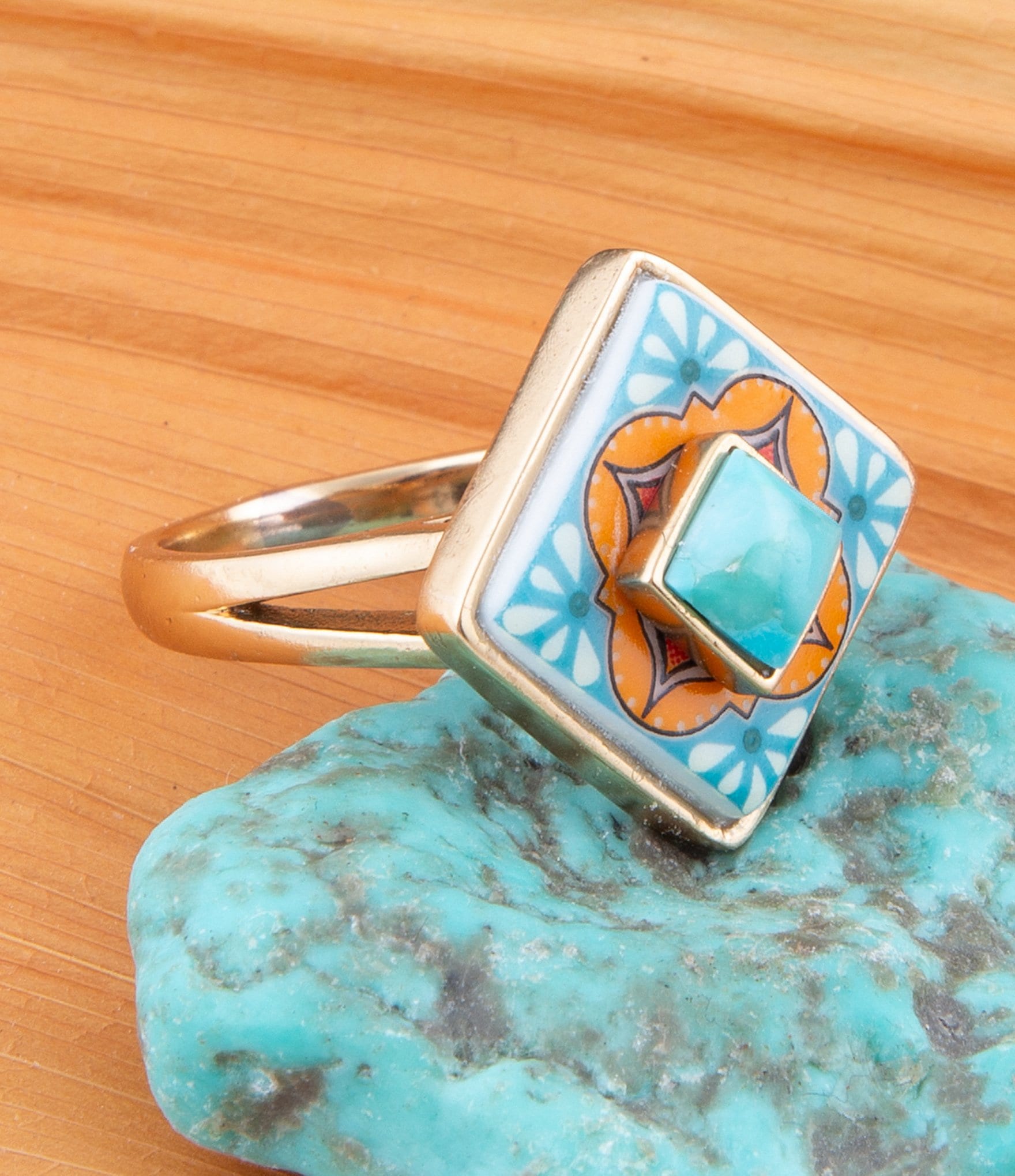 Barse Bronze Genuine Turquoise Stone and Printed Tile Statement Ring