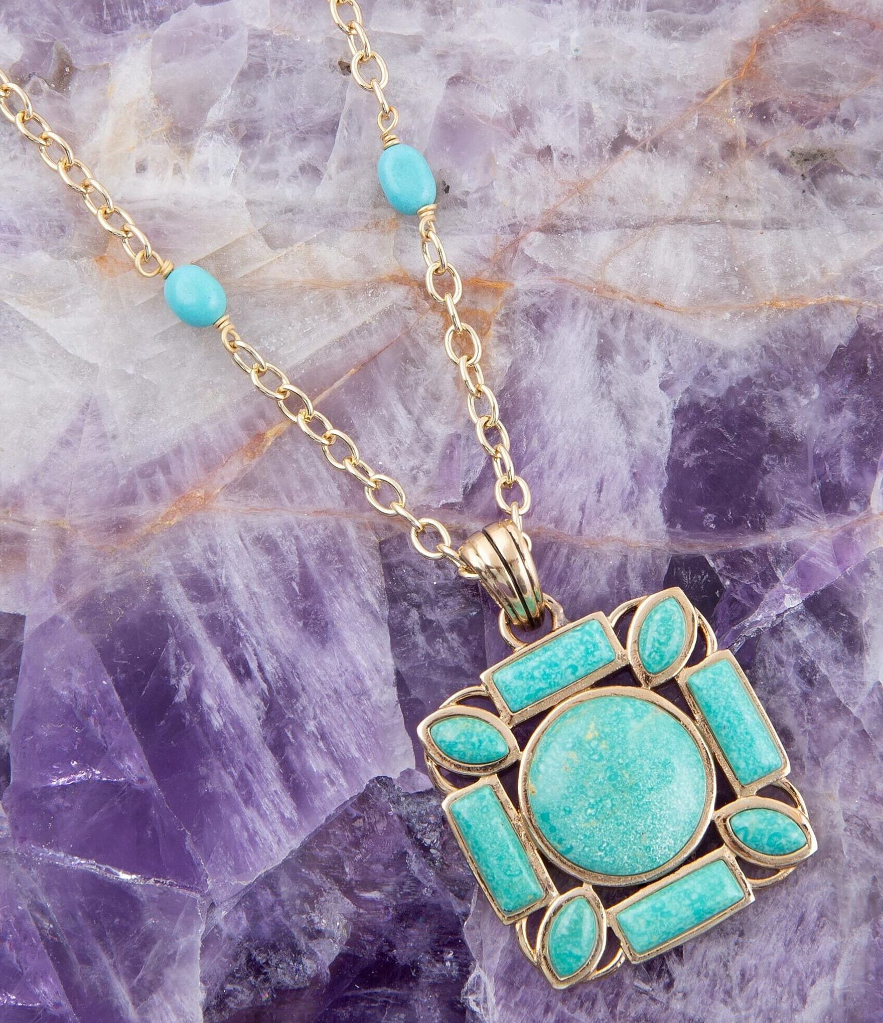 Barse Bronze, Green Turquoise, and Magnesite Genuine Stone Long Pendant Necklace