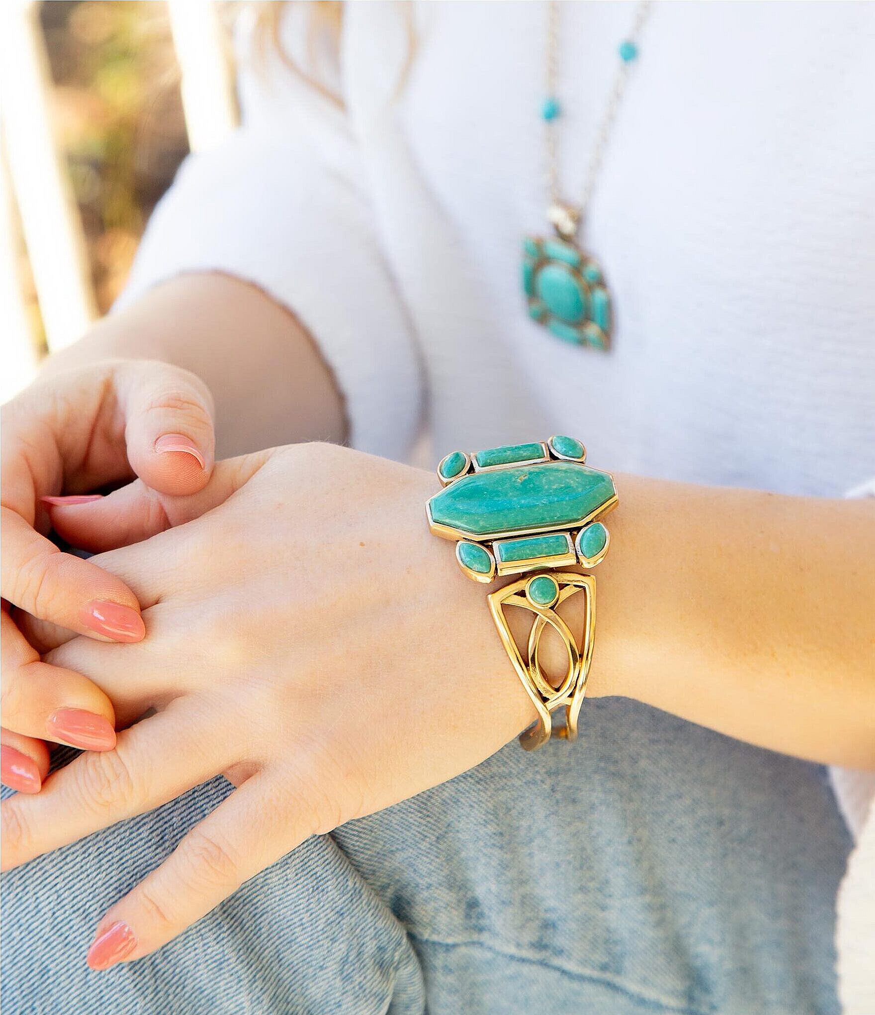 Barse Bronze, Green Turquoise, and Magnesite Genuine Stone Long Pendant Necklace