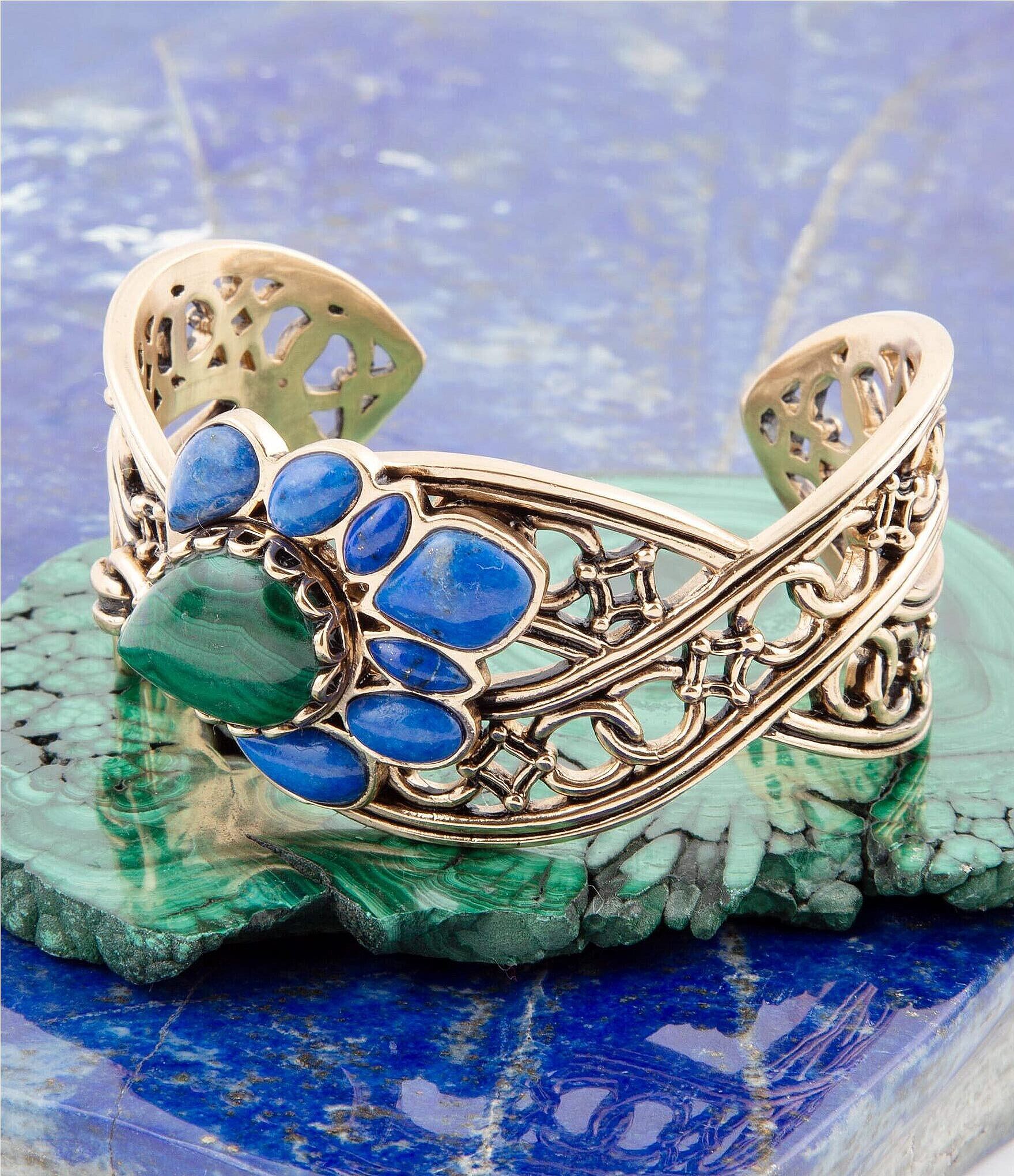 Barse Bronze, Lapis and Malachite Statement Cuff Bracelet