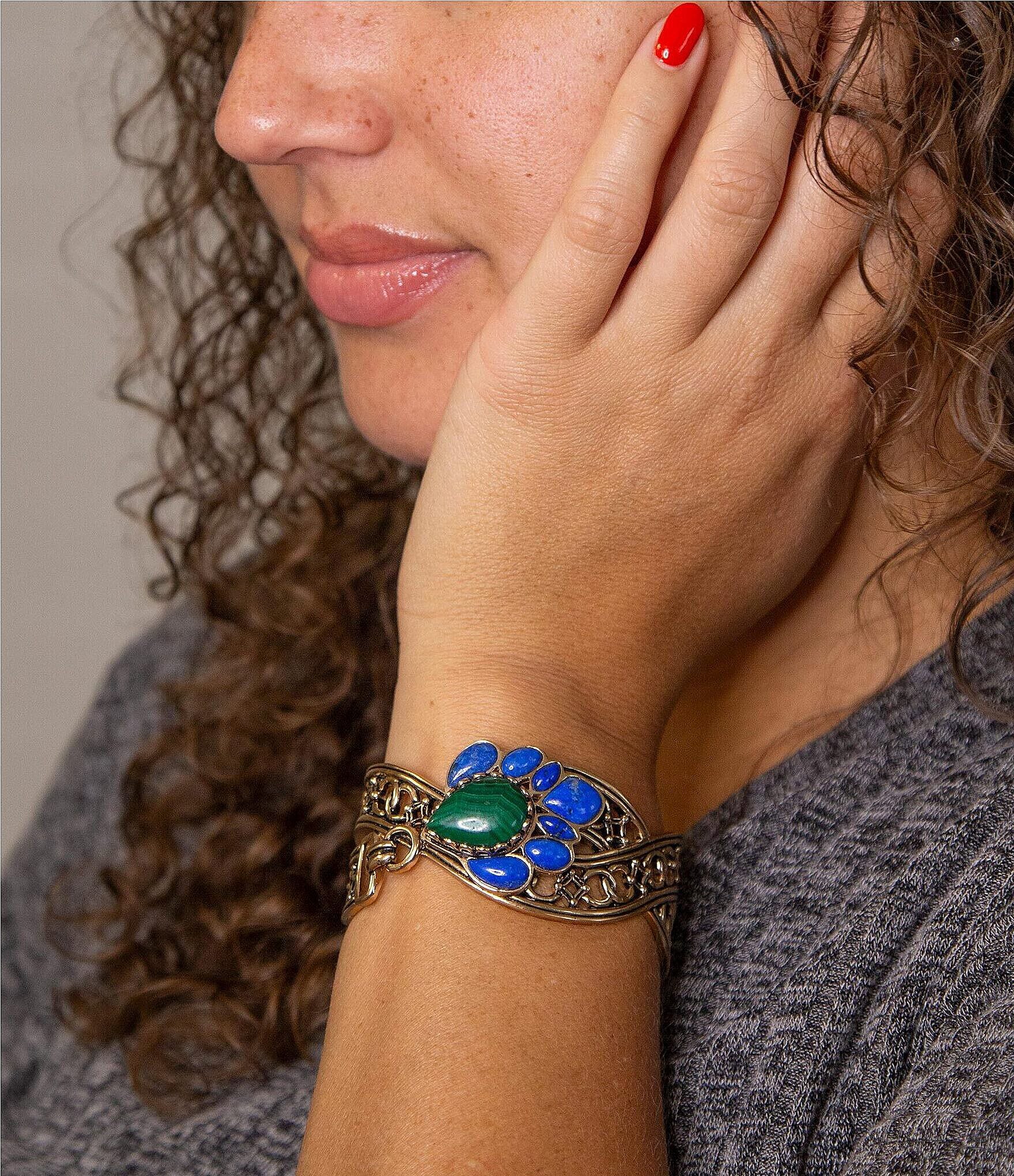 Barse Bronze, Lapis and Malachite Statement Cuff Bracelet