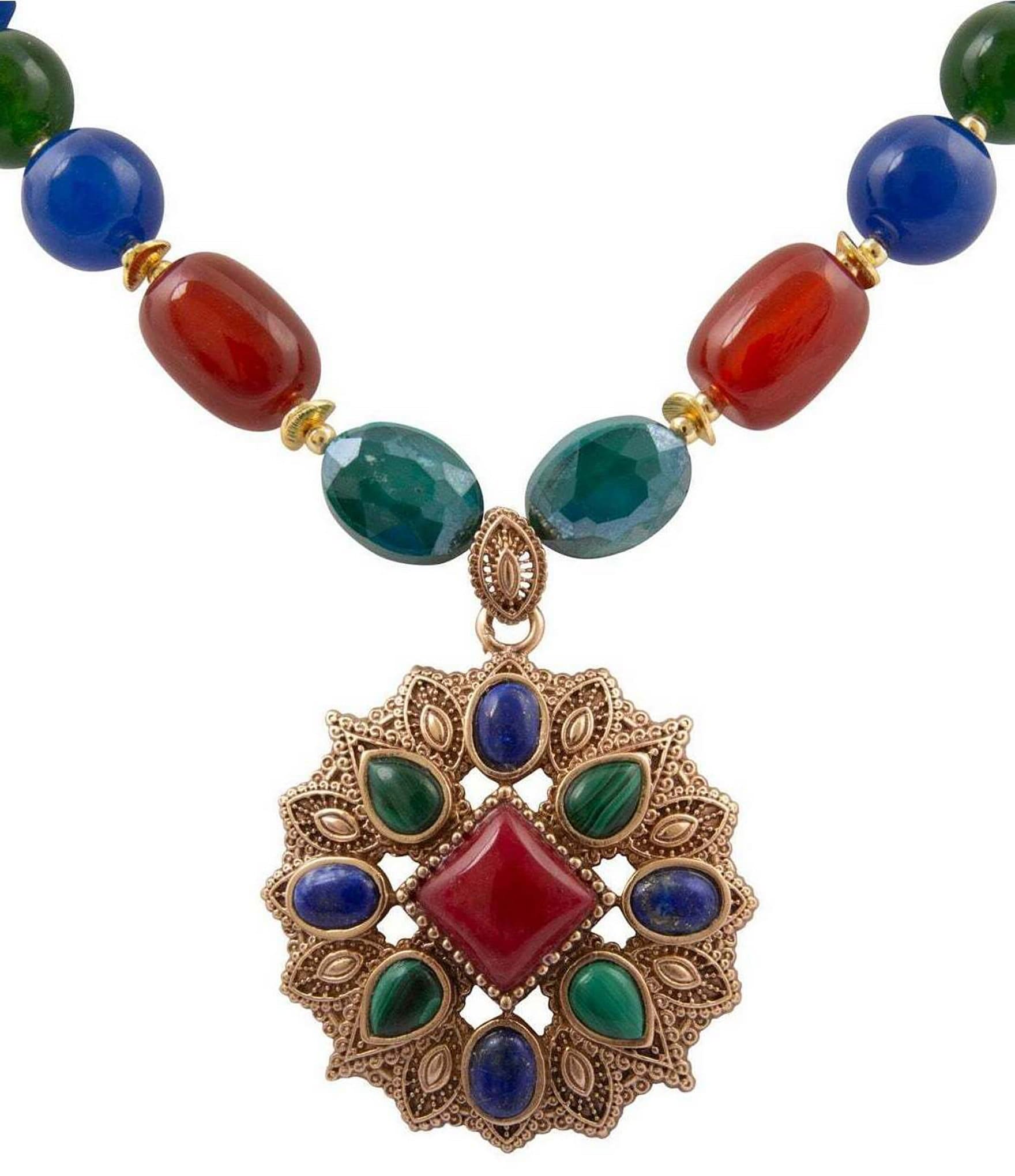 Barse Bronze Quartz Jade and Agate Beaded Short Statement Pendant Necklace