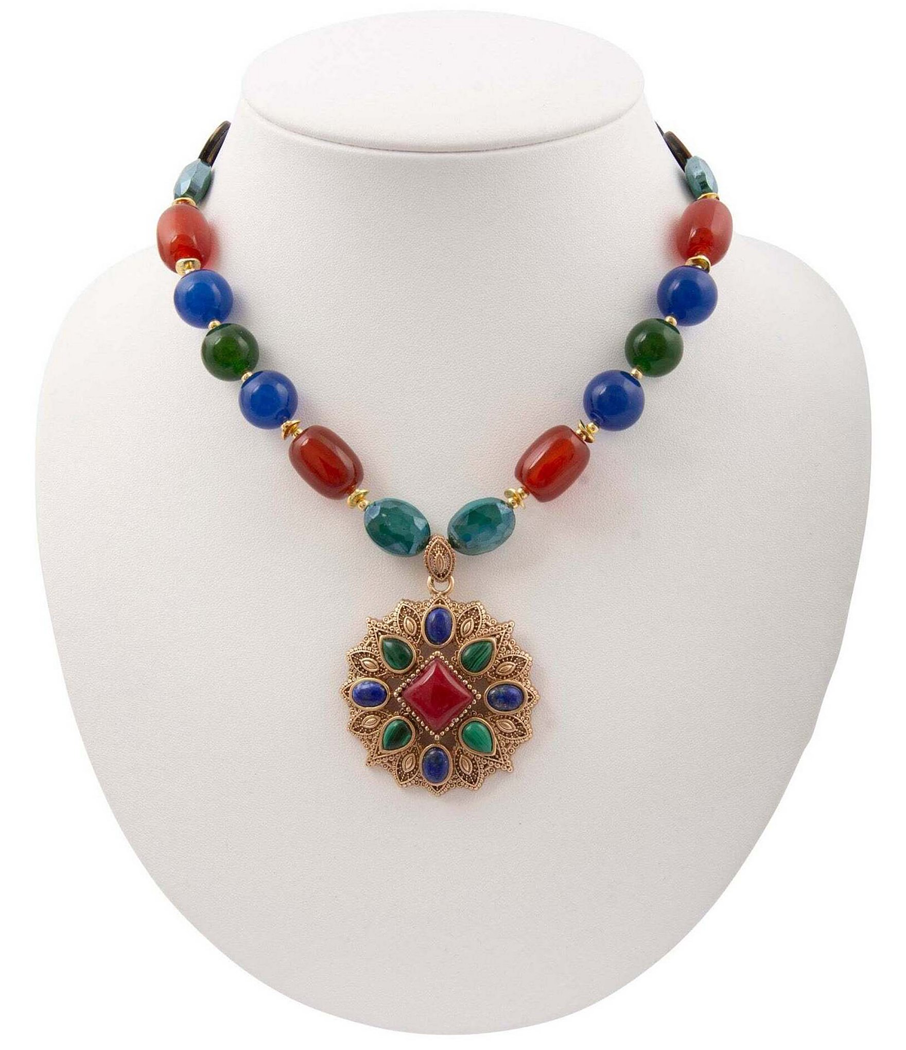 Barse Bronze Quartz Jade and Agate Beaded Short Statement Pendant Necklace