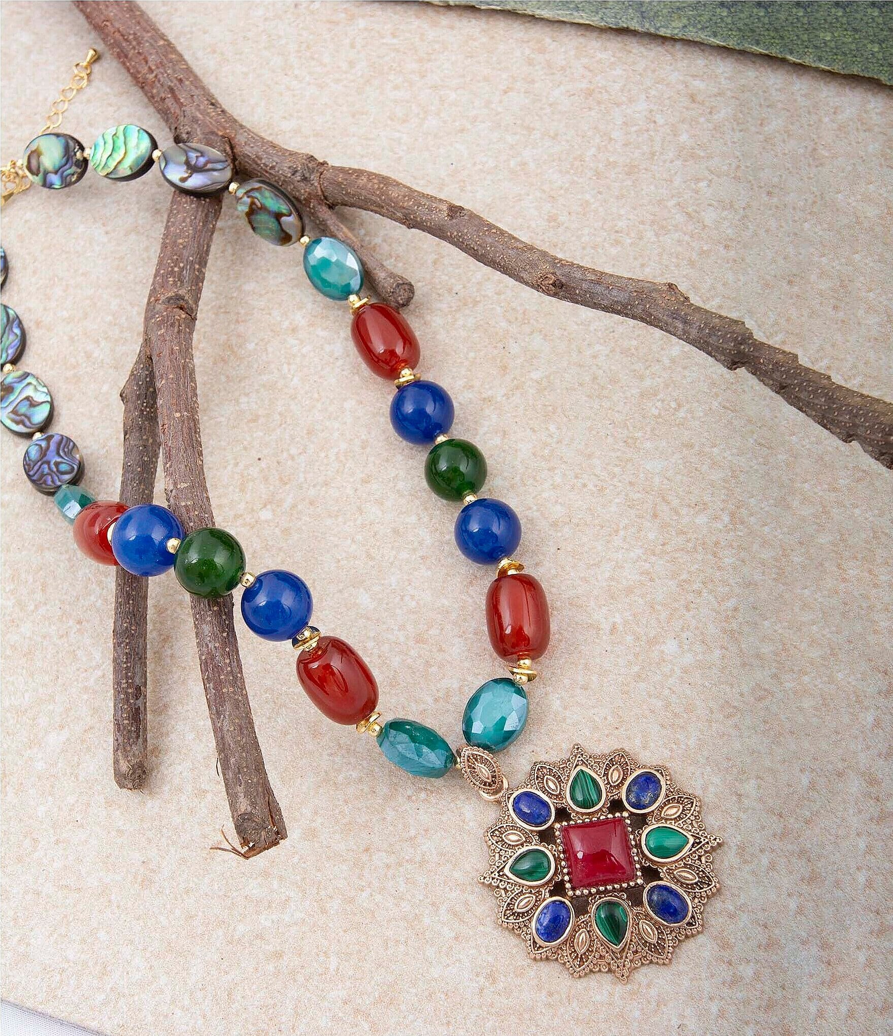 Barse Bronze Quartz Jade and Agate Beaded Short Statement Pendant Necklace