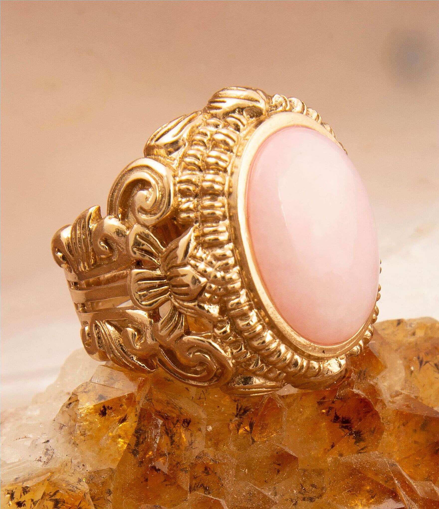 Barse Pink Opal Lotus Golden Statement Ring