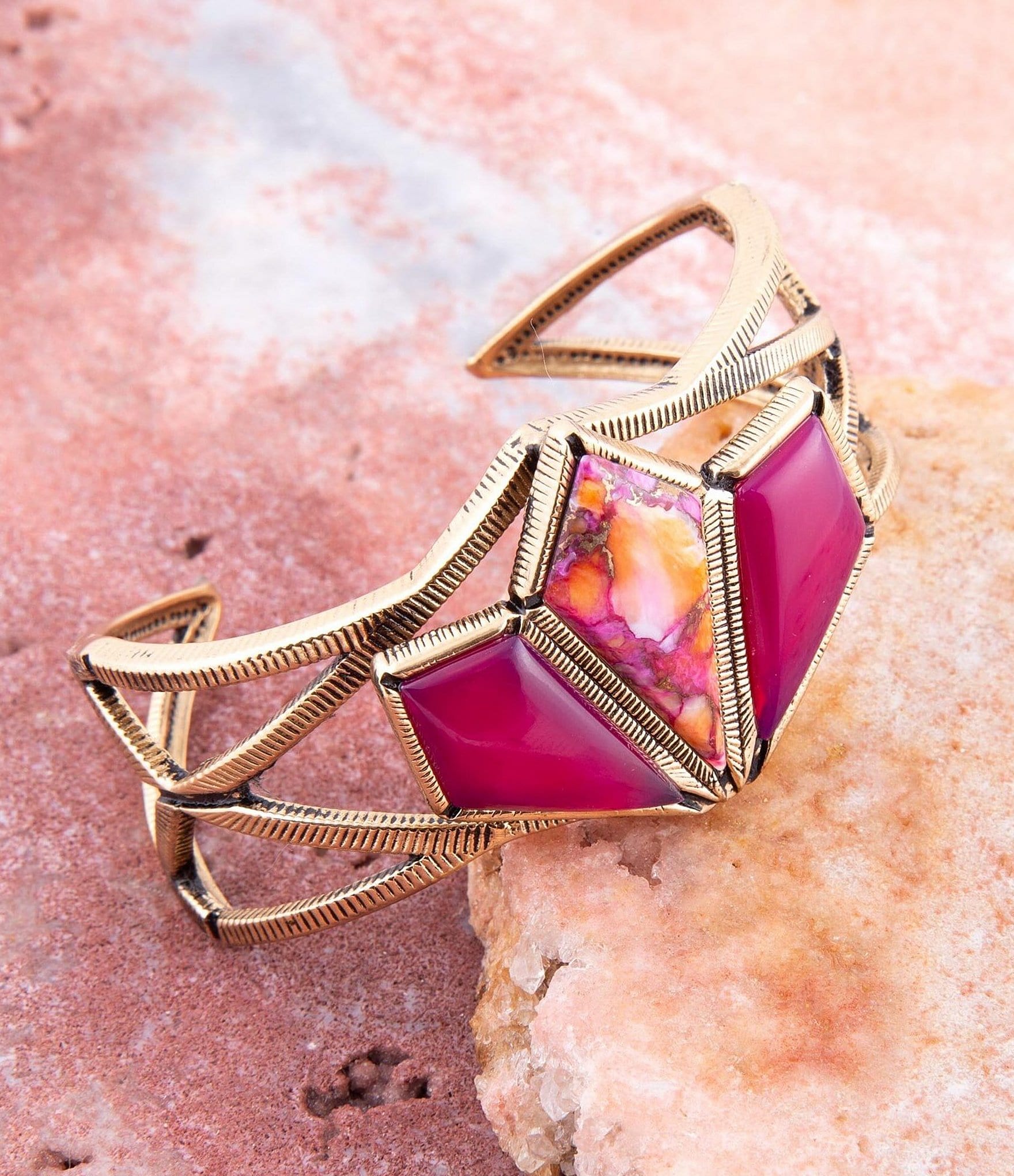 Barse Bronze Spiny Genuine Oyster Matrix and Fuchsia Agate Statement Cuff Bracelet