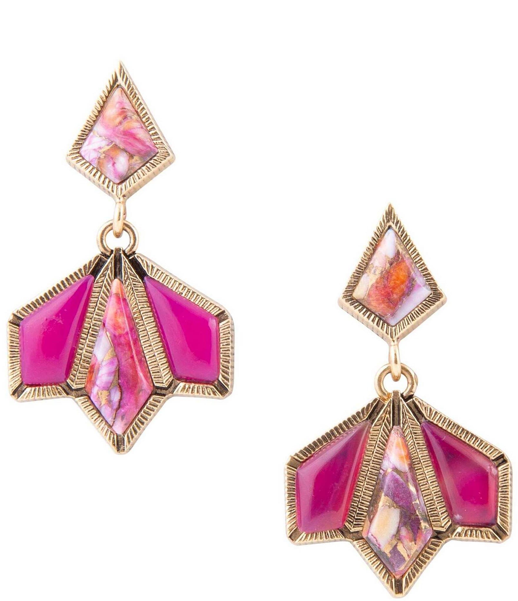 Barse Bronze, Spiny Oyster Matrix and Fuchsia Agate Genuine Stone Drop Earrings