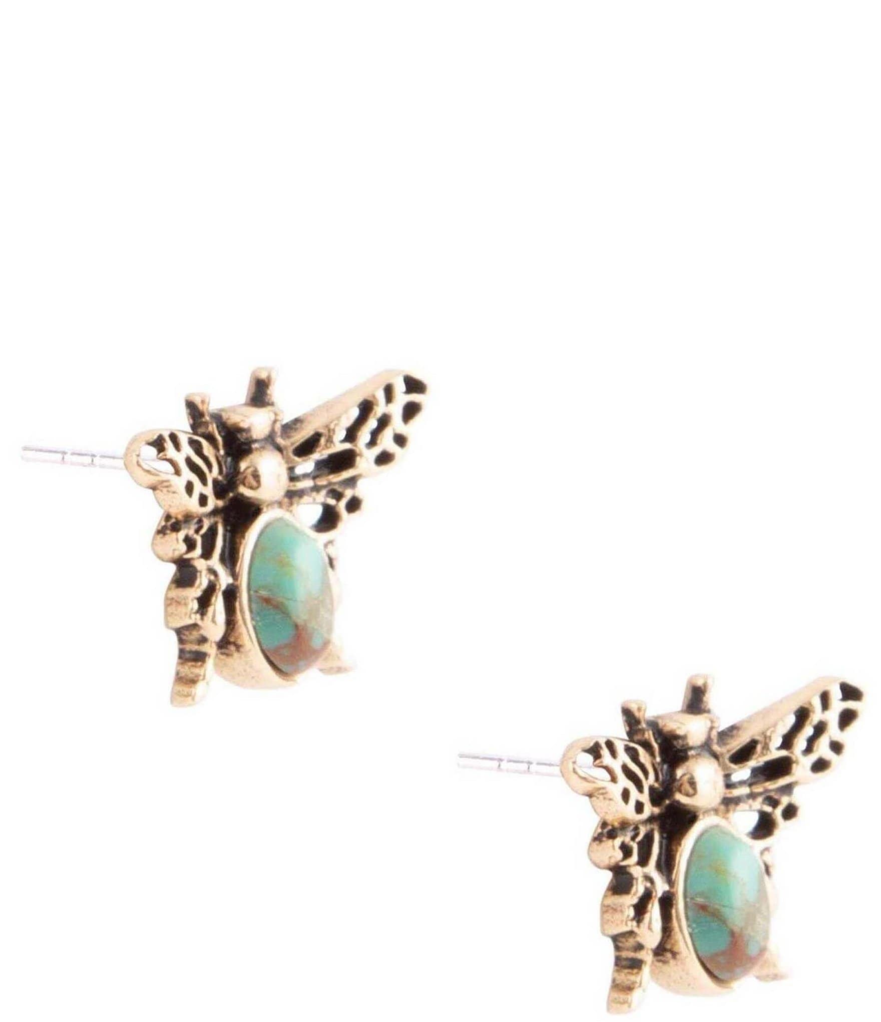 Barse Bronze and Genuine Turquoise & Yellow Agate Stone Bee Stud Earrings