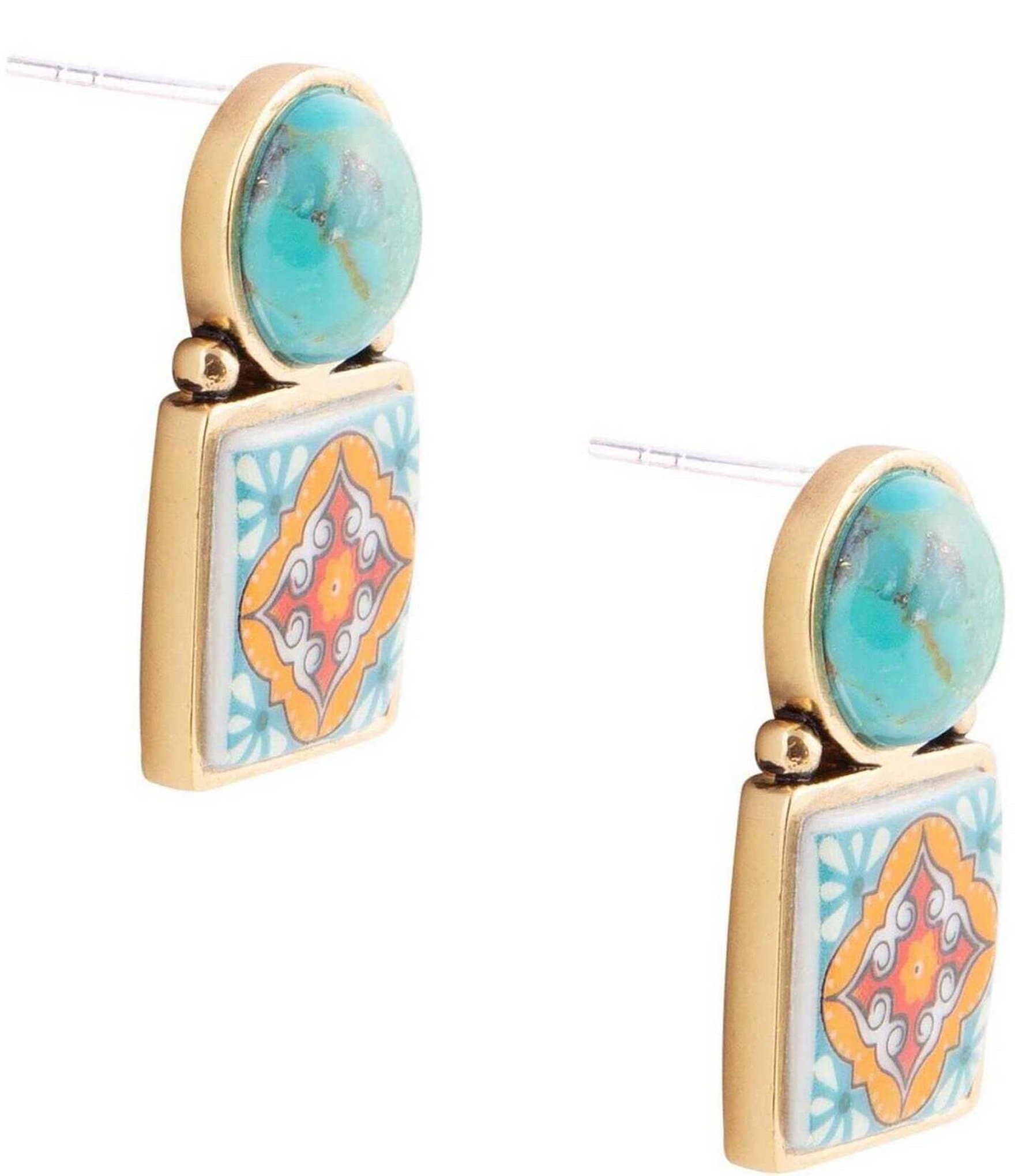 Barse Bronze and Genuine Turquoise Stone and Printed Tile Drop Earrings