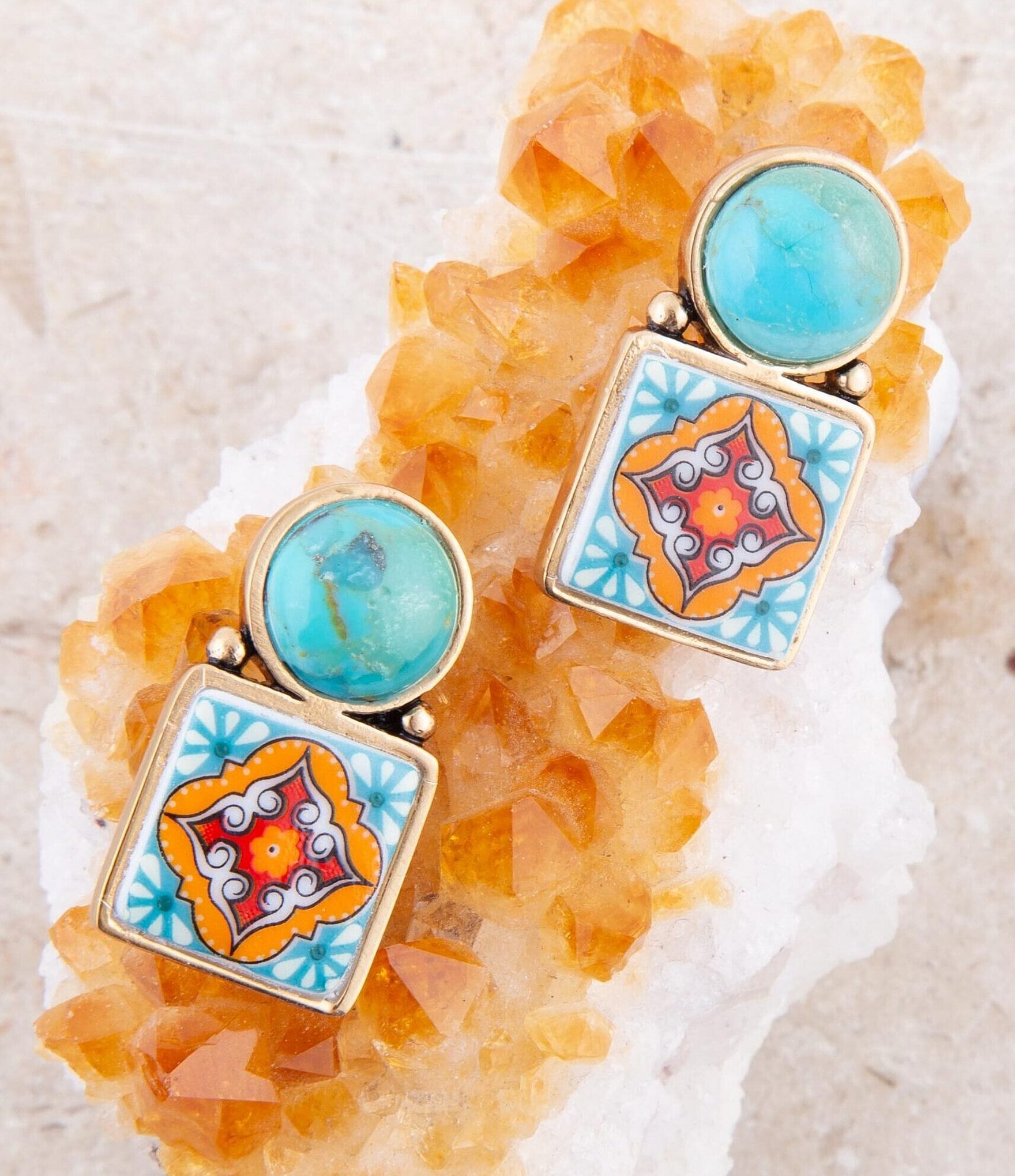 Barse Bronze and Genuine Turquoise Stone and Printed Tile Drop Earrings