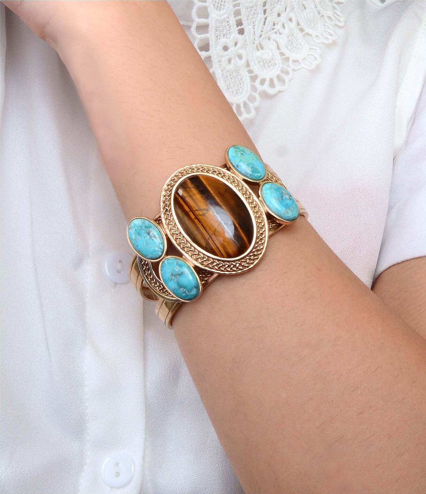 Barse Bronze, Turquoise and Tiger's Eye Elliptical Statement Cuff Bracelet