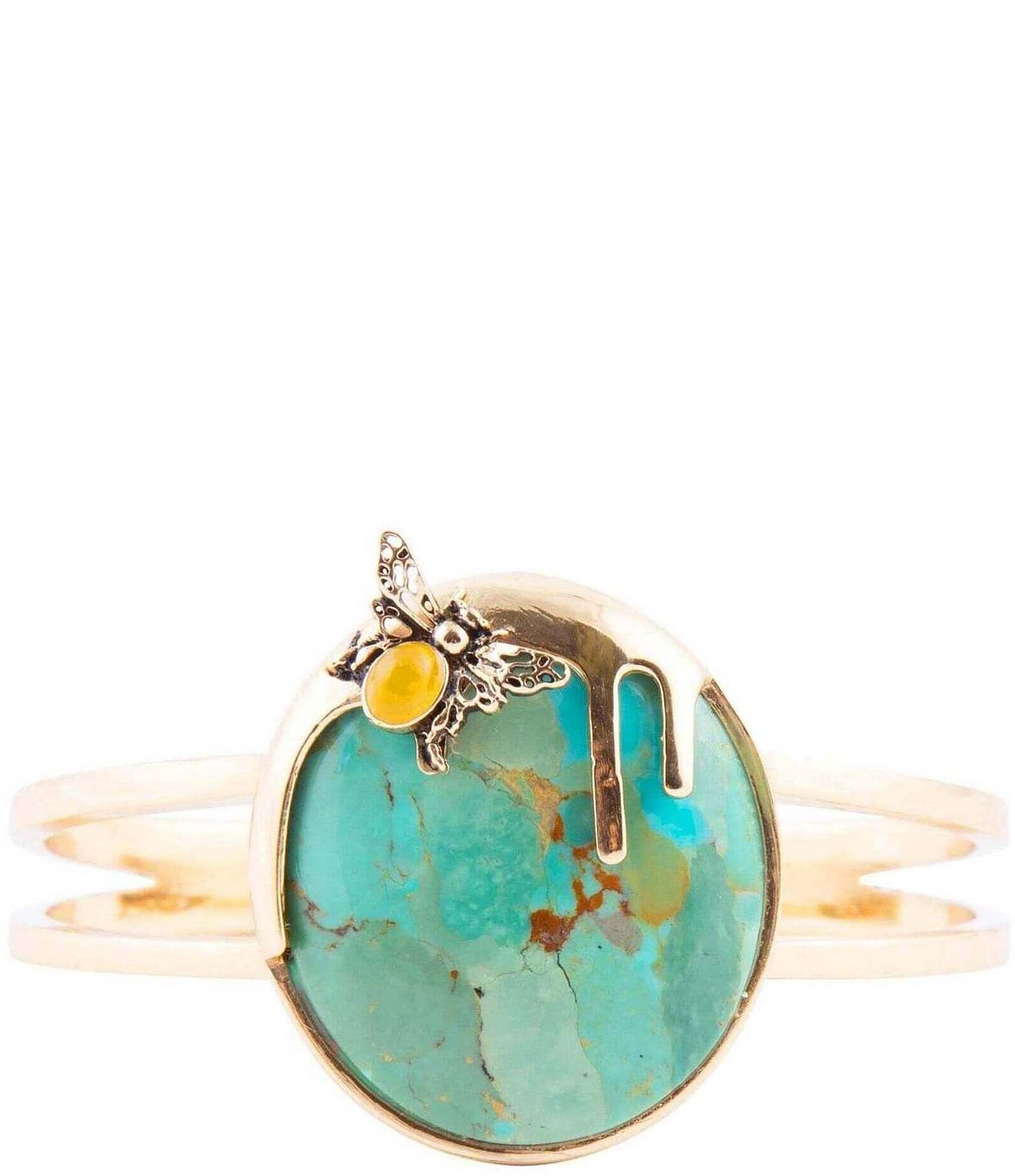 Barse Bronze and Genuine Turquoise and Yellow Agate Stone Bee Cuff Bracelet