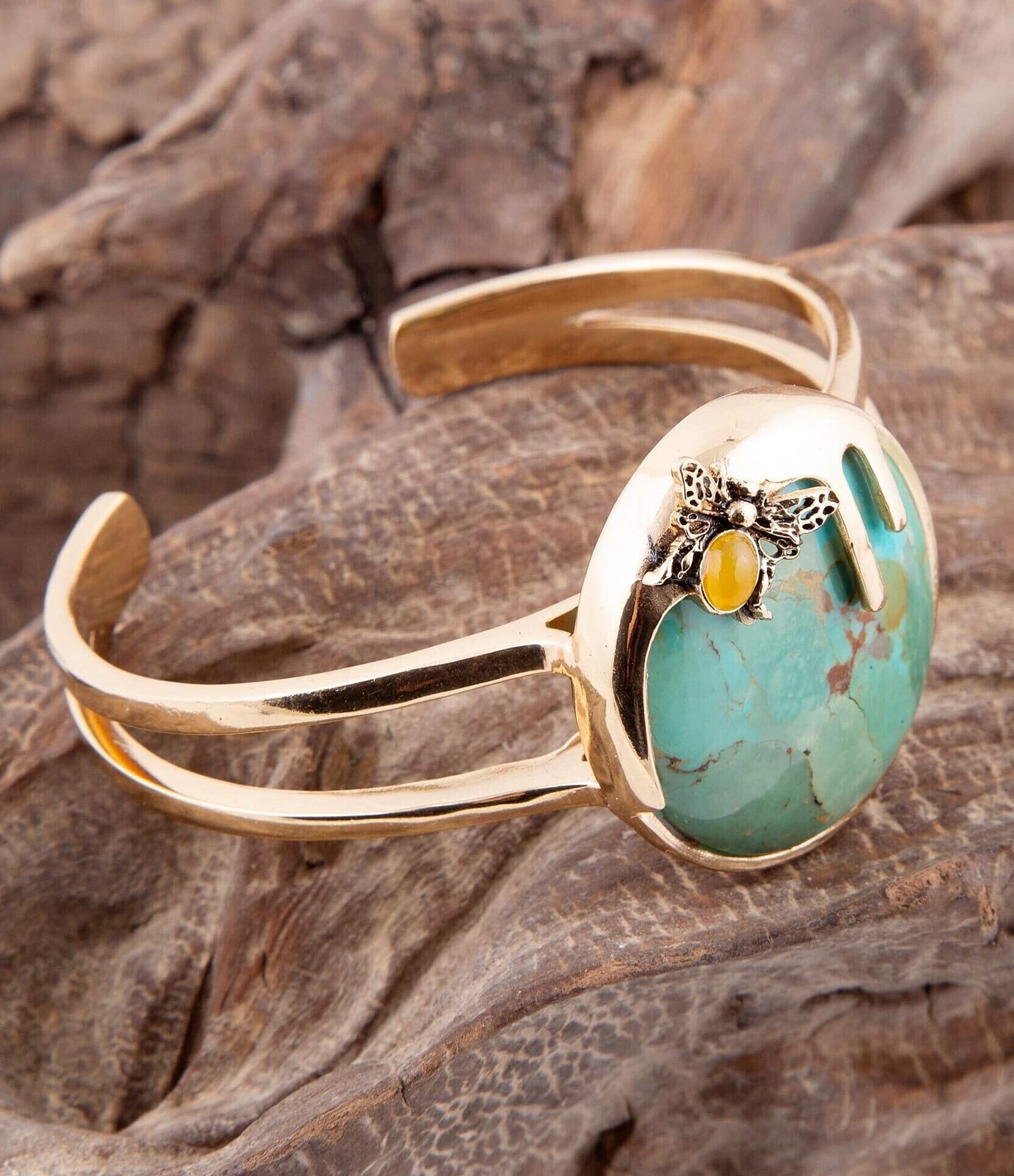 Barse Bronze and Genuine Turquoise and Yellow Agate Stone Bee Cuff Bracelet