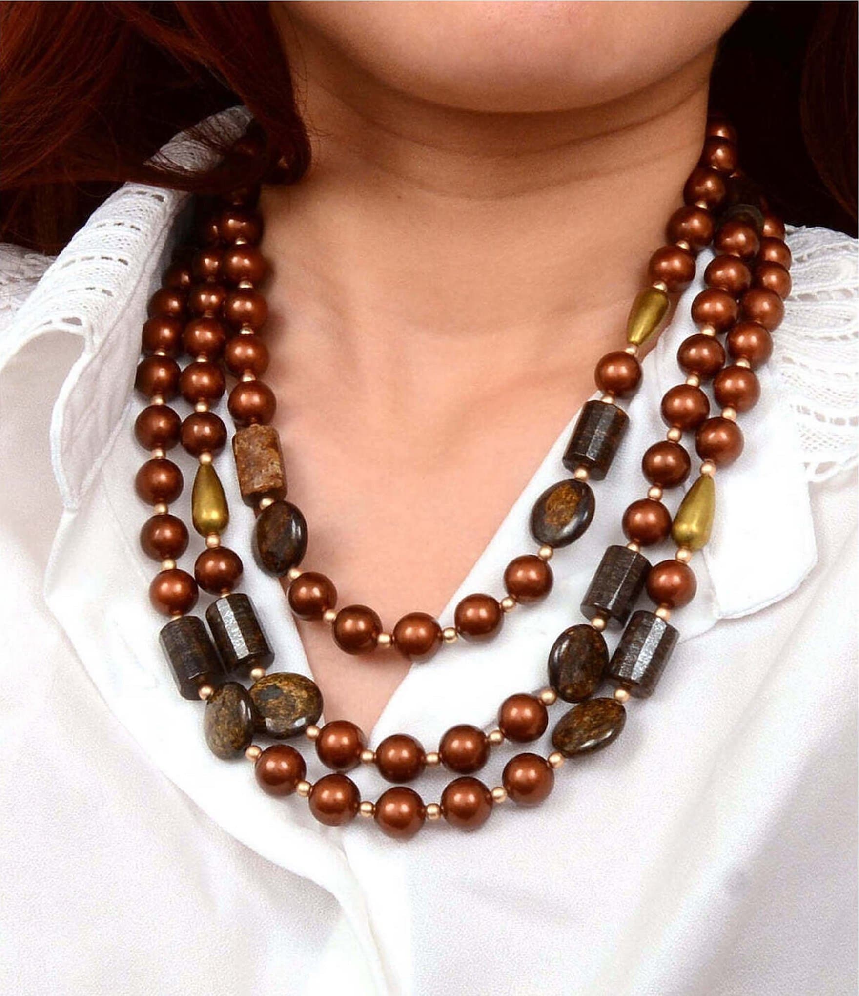 Barse Brown Shell Pearl Bronzite Short Multi Strand Necklace