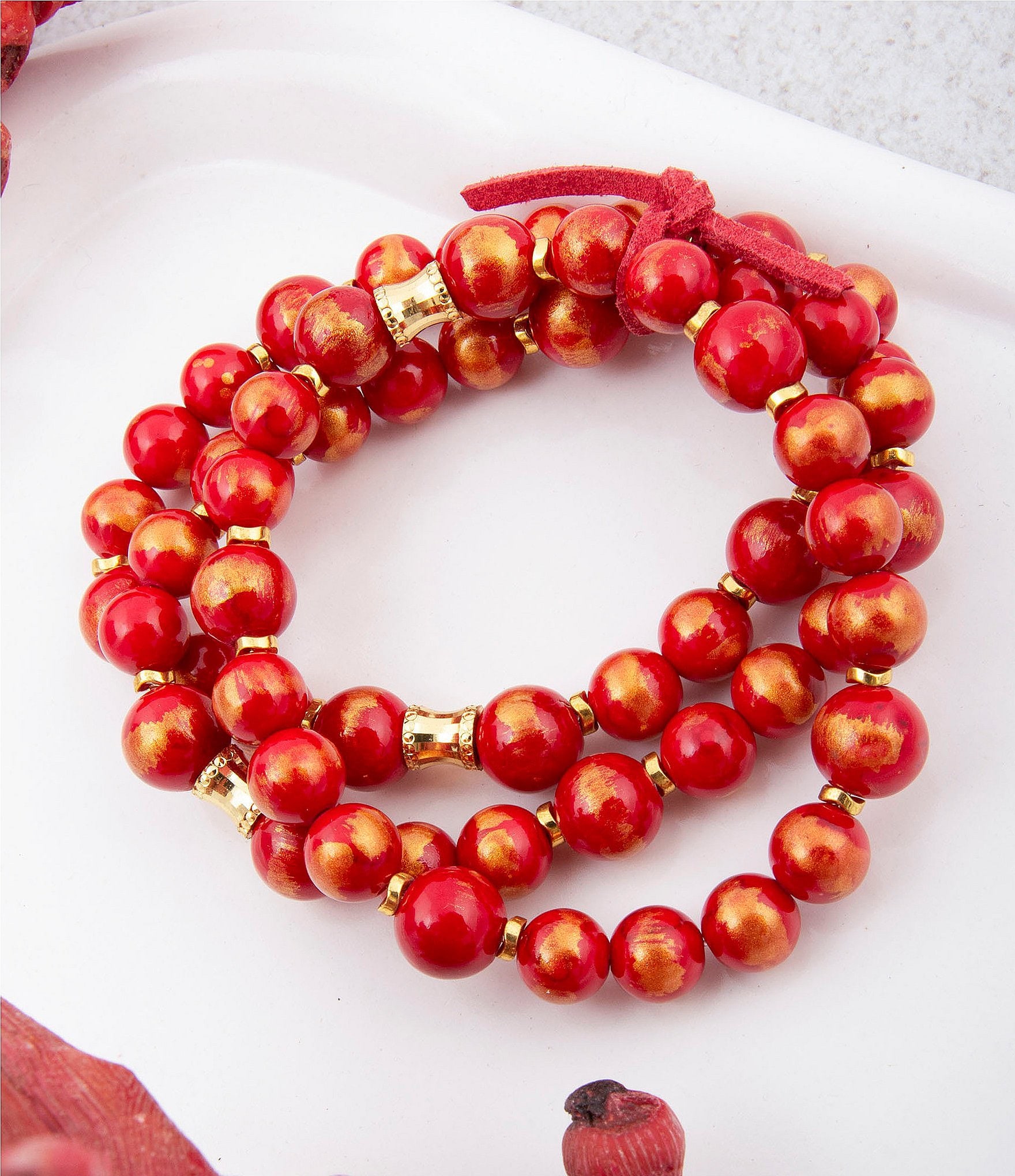 Barse Red Jade Golden Stretch Bracelet Set
