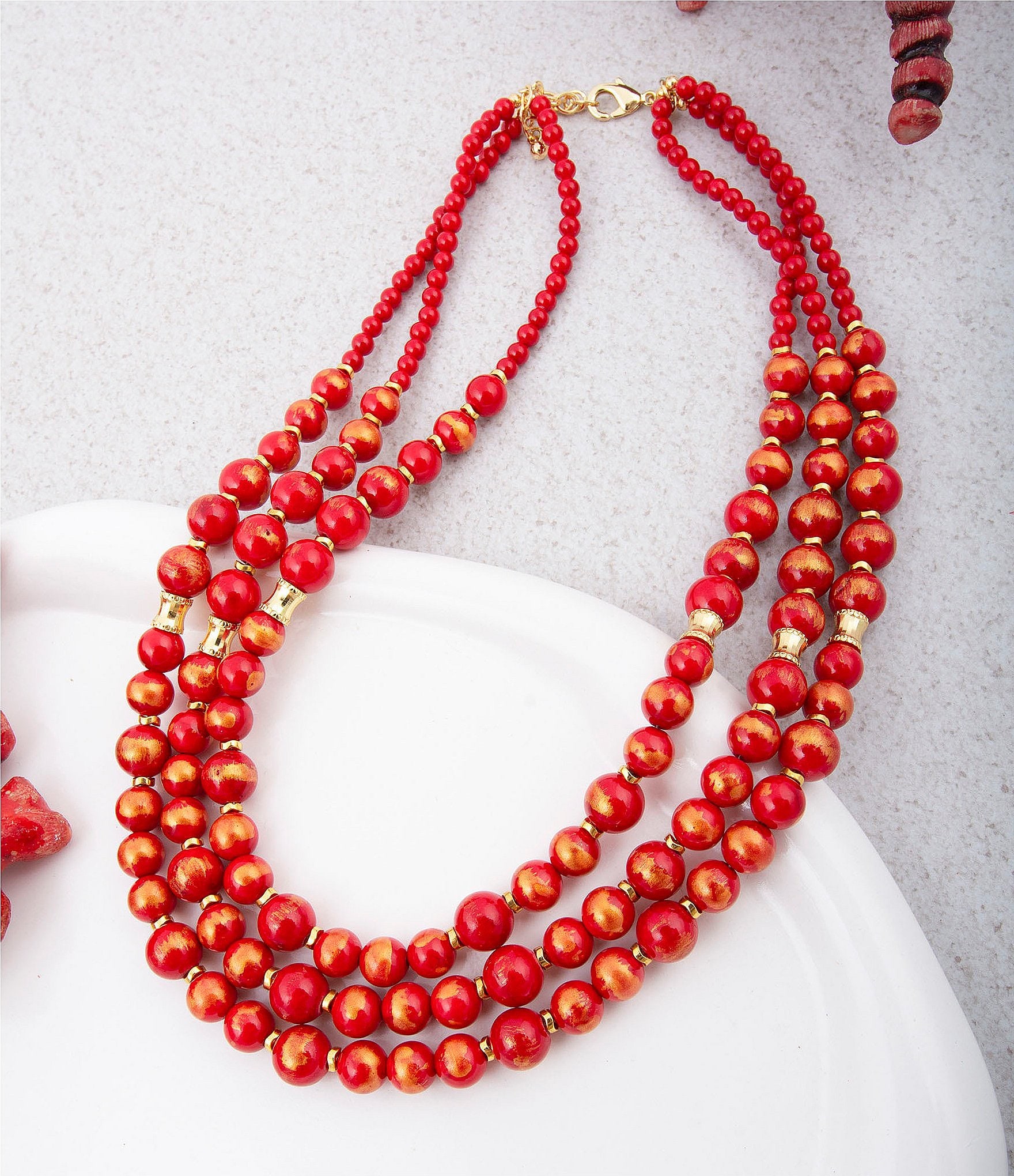Barse Red Jade Statement Triple Strand Beaded Necklace
