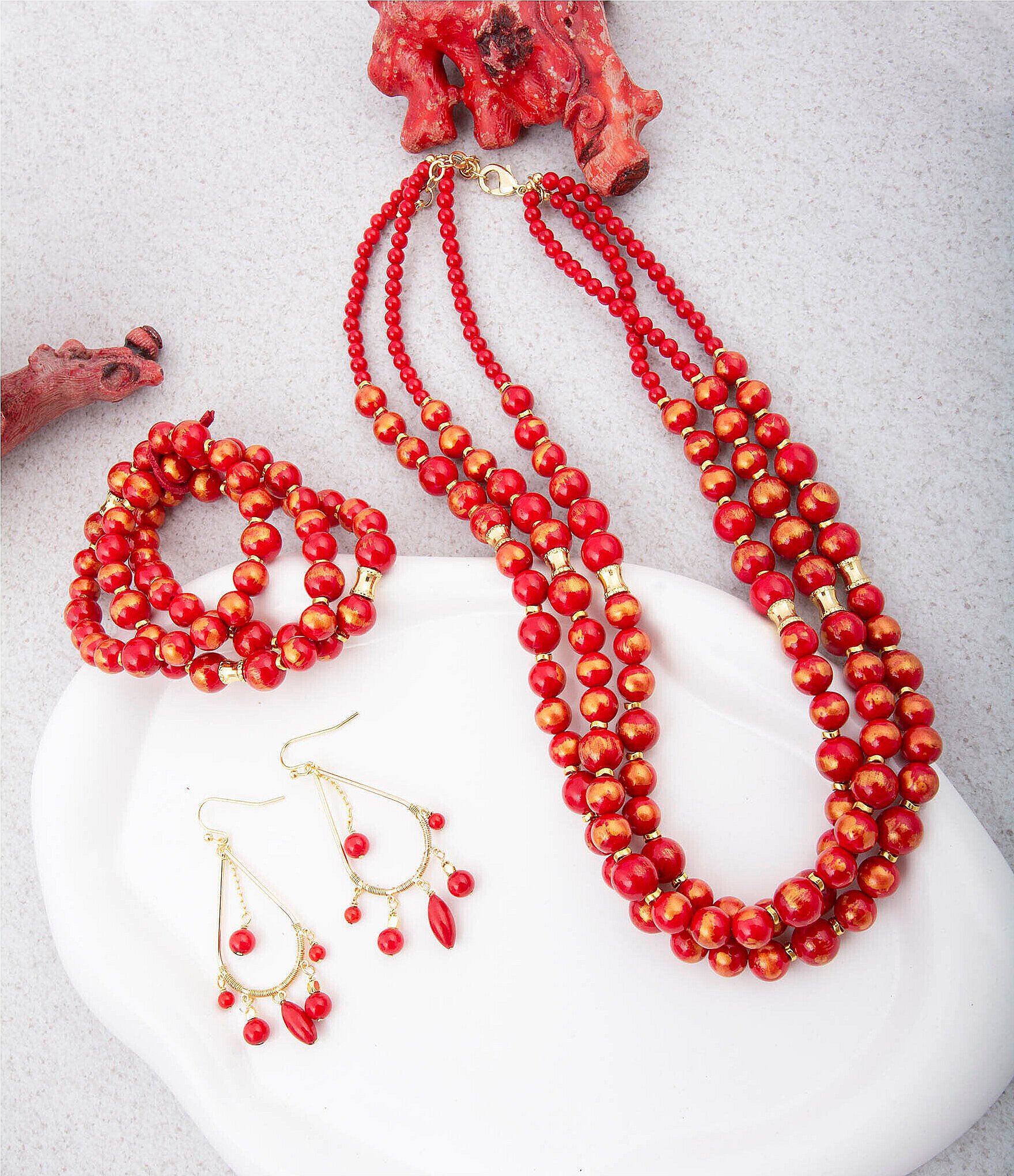 Barse Red Jade Statement Triple Strand Beaded Necklace